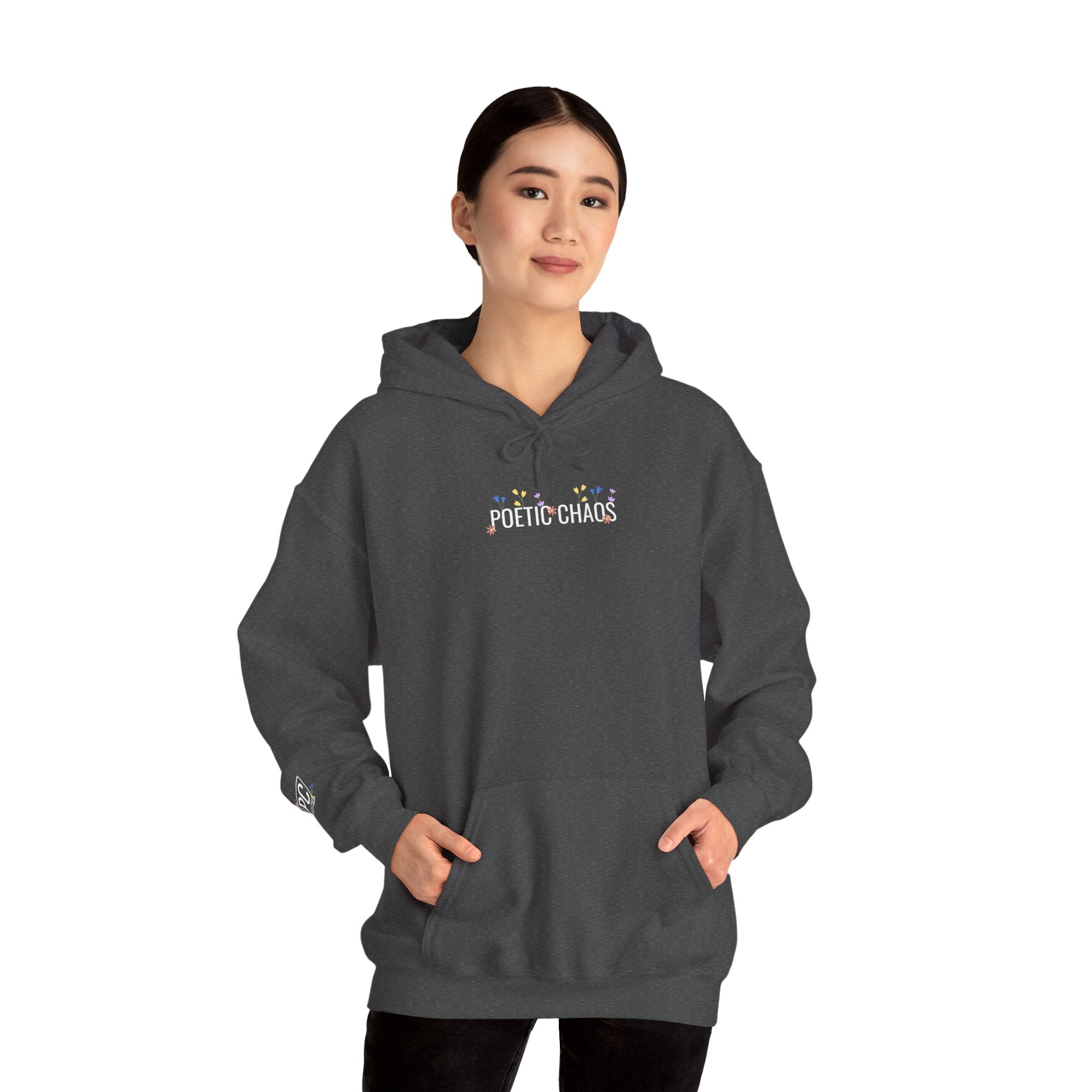 Poetic Chaos Hoodie — Small Chest white floral Logo & Sleeve Emblem