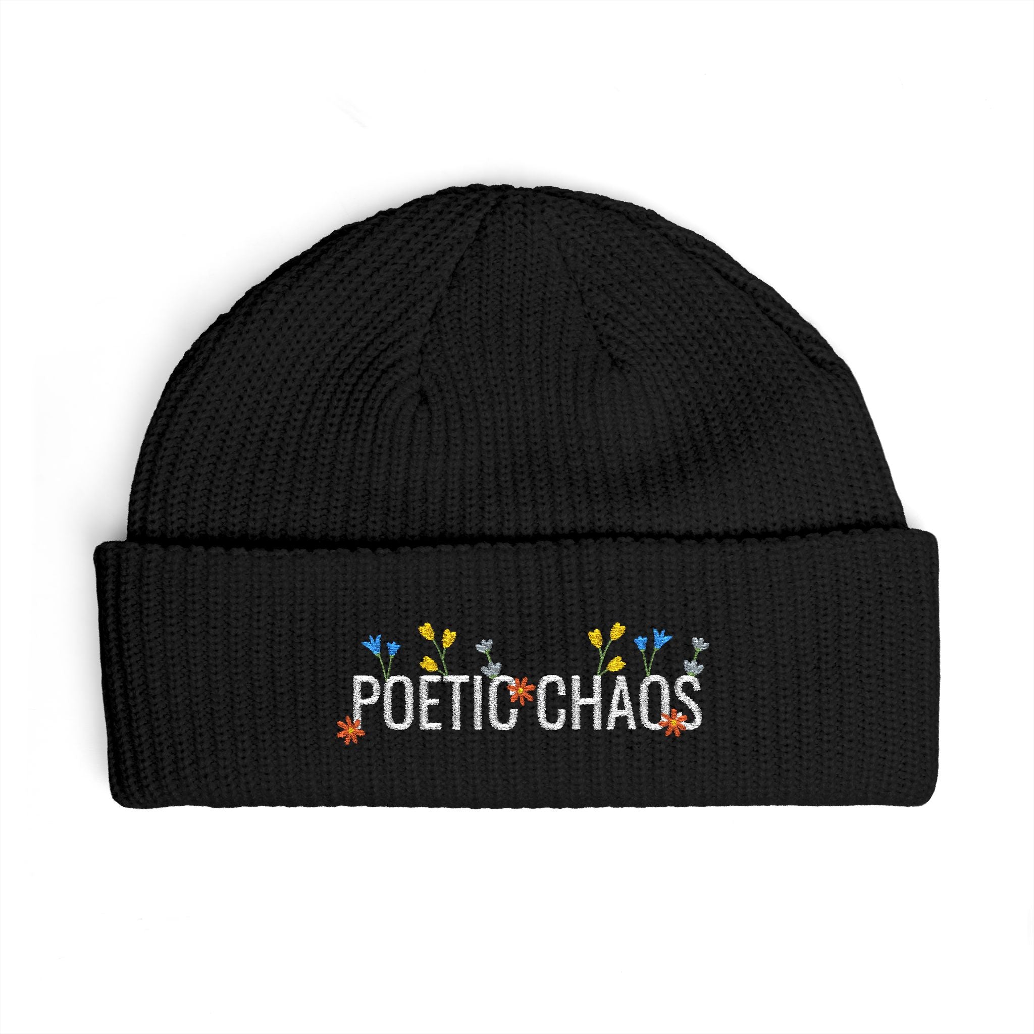 Poetic Chaos Cuff Beanie – Embroidered Floral white logo Knit Hat