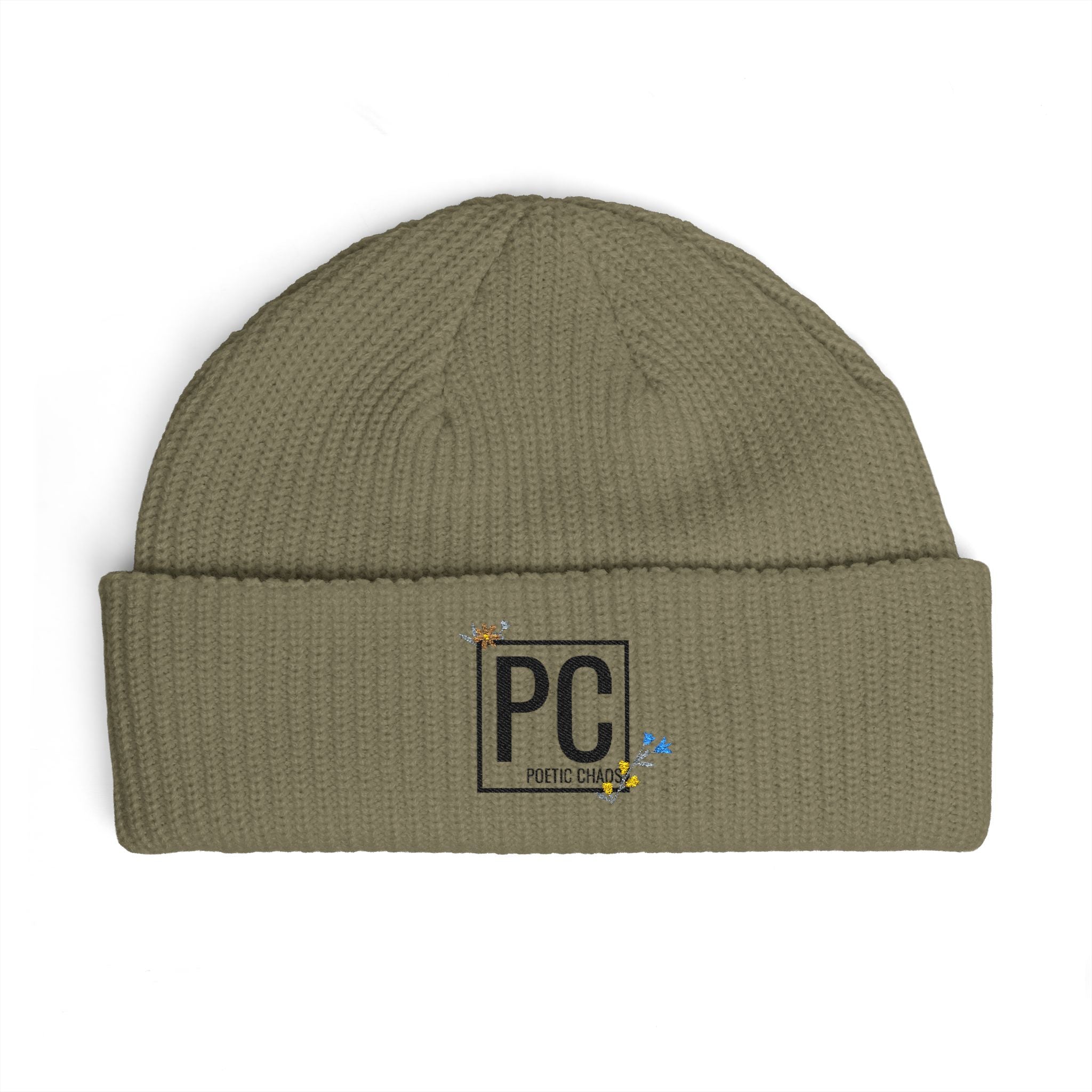 Cuff Beanie - 'PC' Logo Embroidered Knit Hat with Tiny Bee Accents