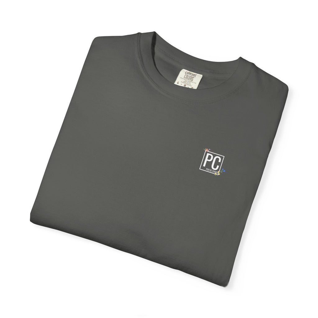 poetic chaos minimal t-shirt floral white logo label
