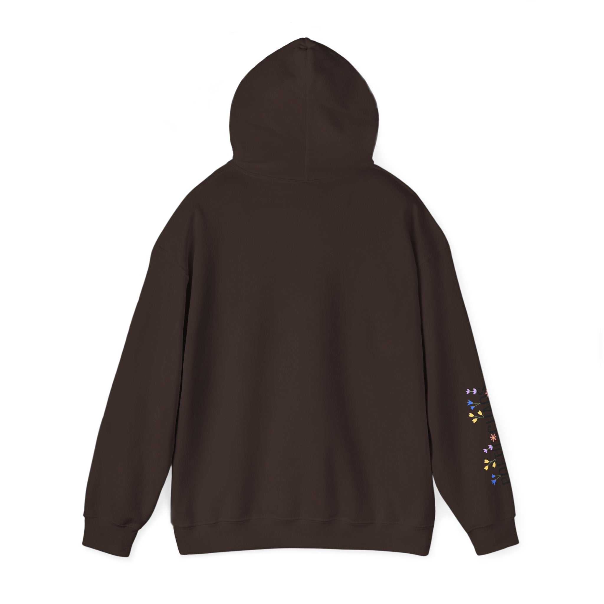 Poetic Chaos Sleeve Logo Hoodie — Minimal White Pullover with 'PC'floral logo