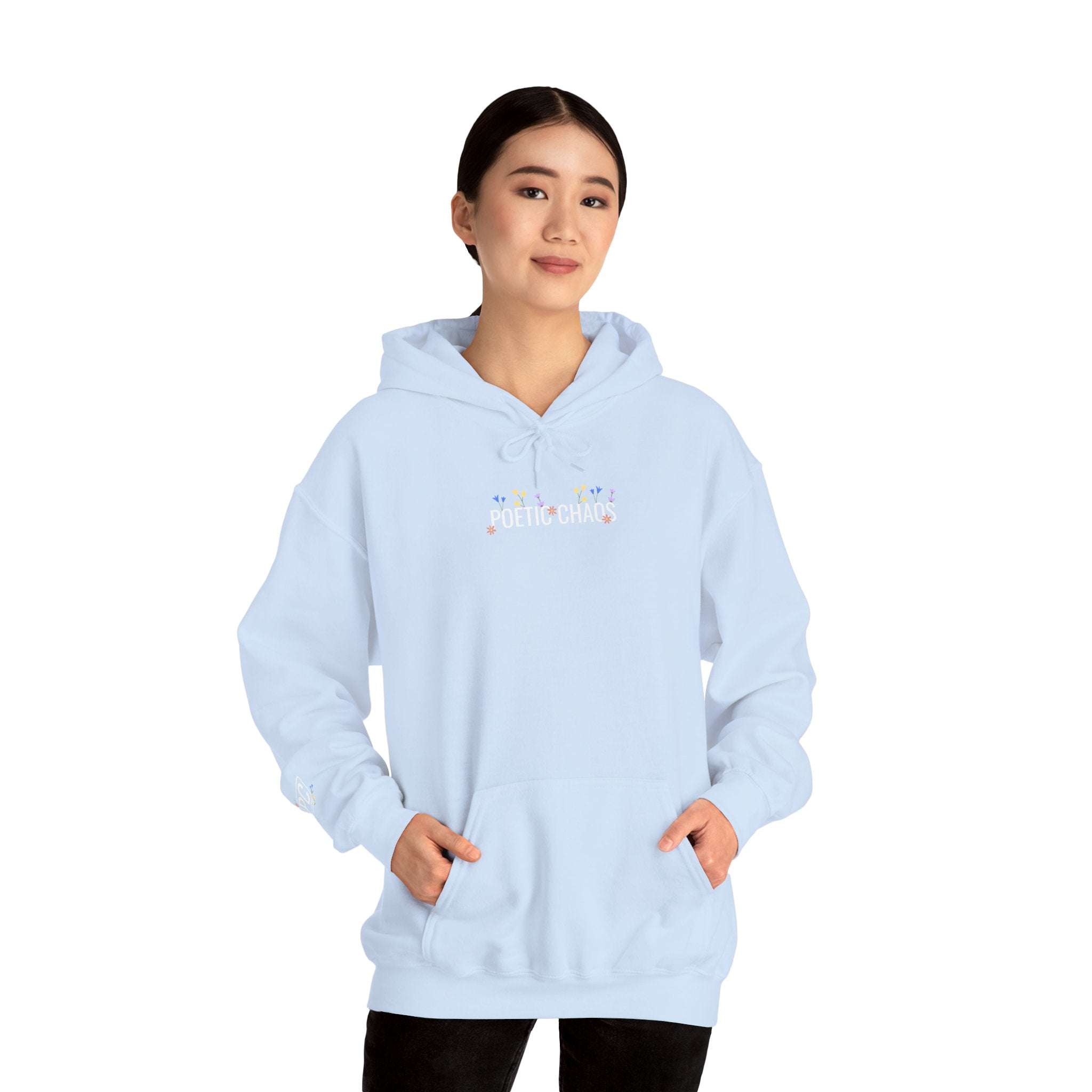 Poetic Chaos Hoodie — Small Chest white floral Logo & Sleeve Emblem