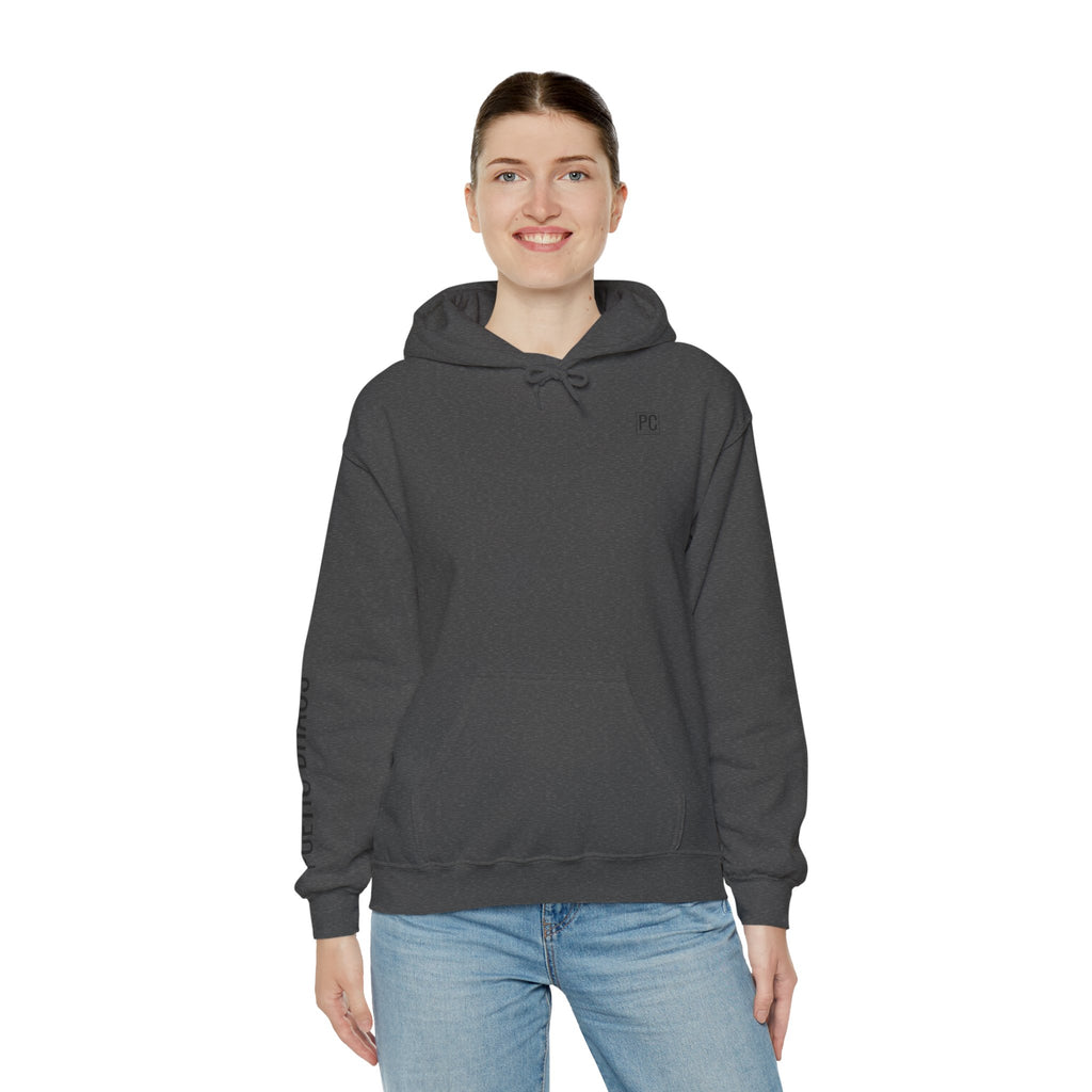 Poetic Chaos Hoodie — Minimal White Pullover with 'POETIC CHAOS' Sleeve Text