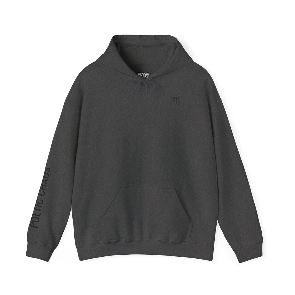 Poetic Chaos Hoodie — Minimal White Pullover with 'POETIC CHAOS' Sleeve Text