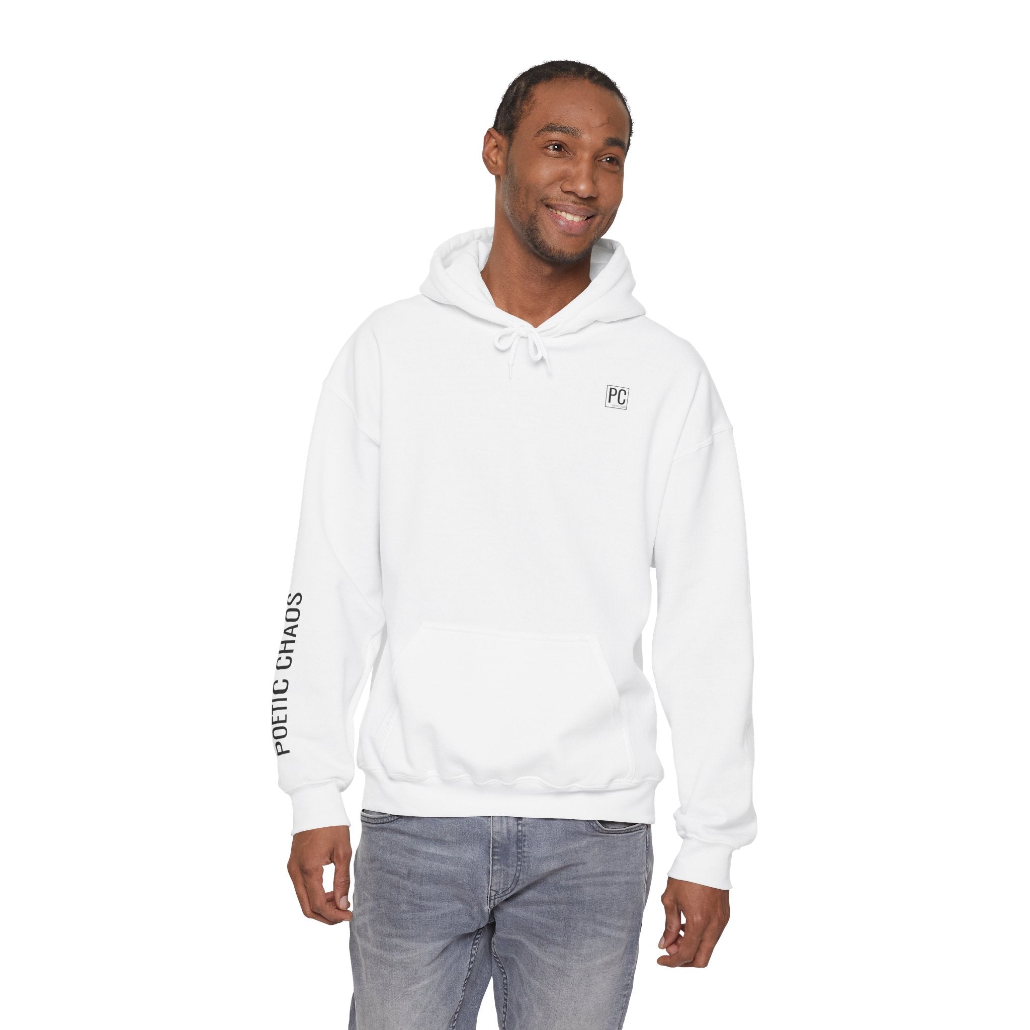 Poetic Chaos Hoodie — Minimal White Pullover with 'POETIC CHAOS' Sleeve Text