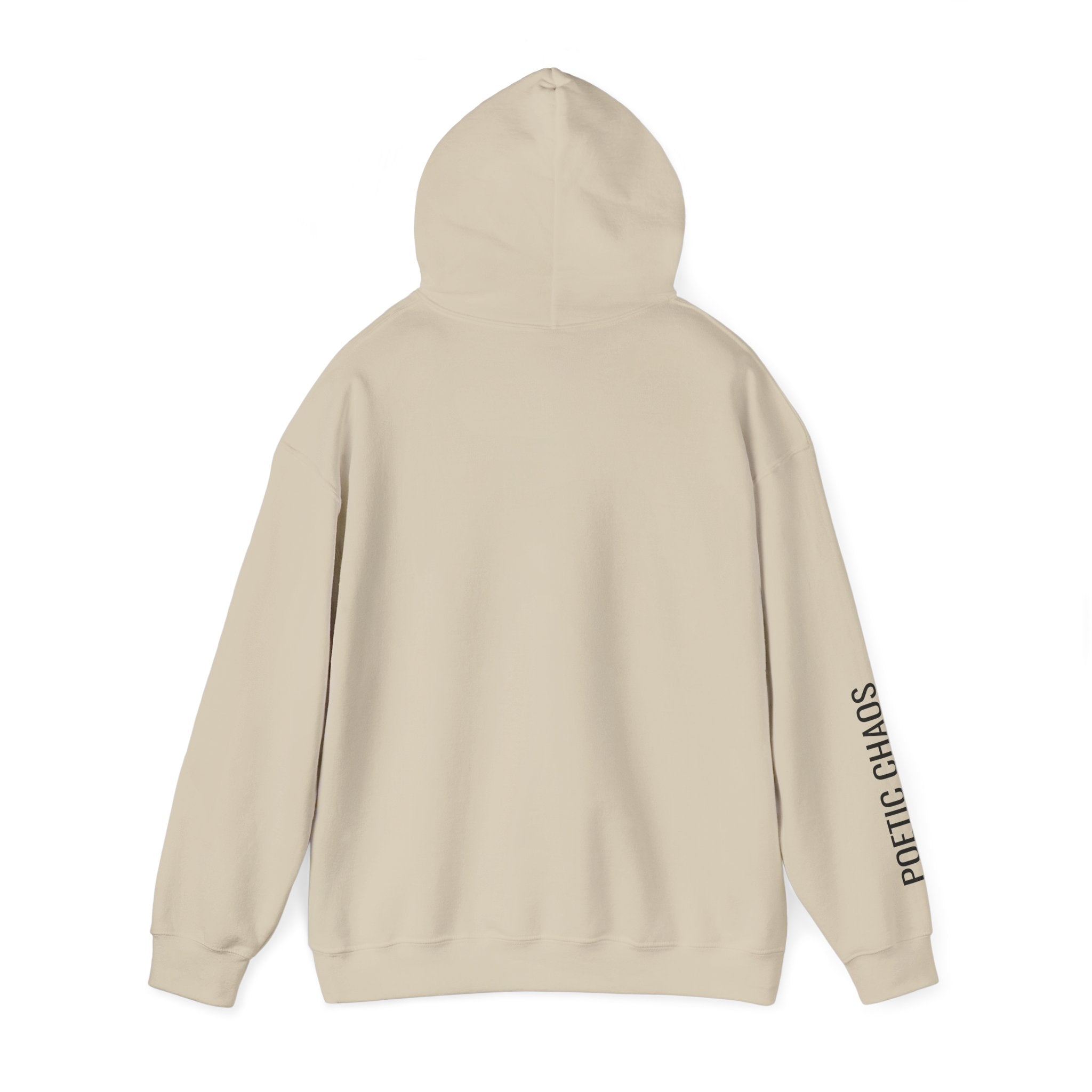 Poetic Chaos Hoodie — Minimal White Pullover with 'POETIC CHAOS' Sleeve Text