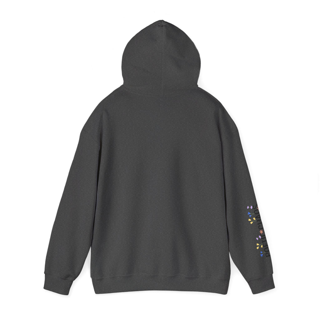 Poetic Chaos Sleeve Logo Hoodie — Minimal White Pullover with 'PC'floral logo