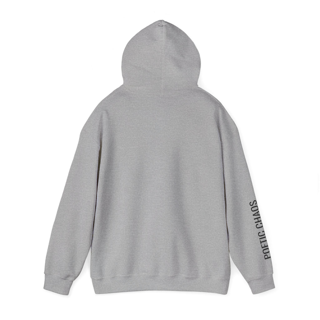 Poetic Chaos Hoodie — Minimal White Pullover with 'POETIC CHAOS' Sleeve Text