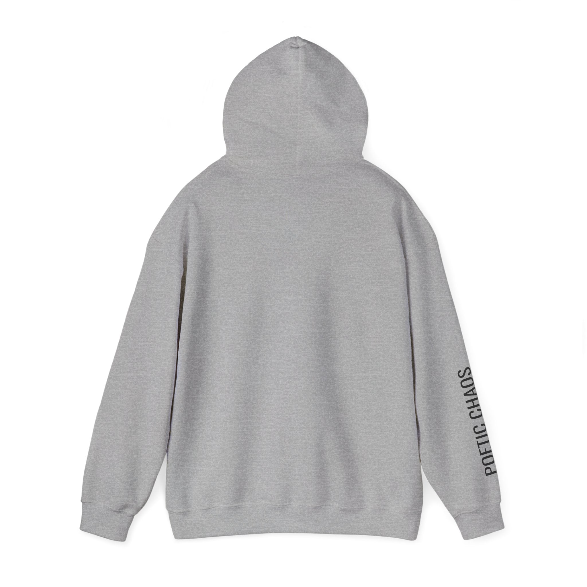 Poetic Chaos Hoodie — Minimal White Pullover with 'POETIC CHAOS' Sleeve Text