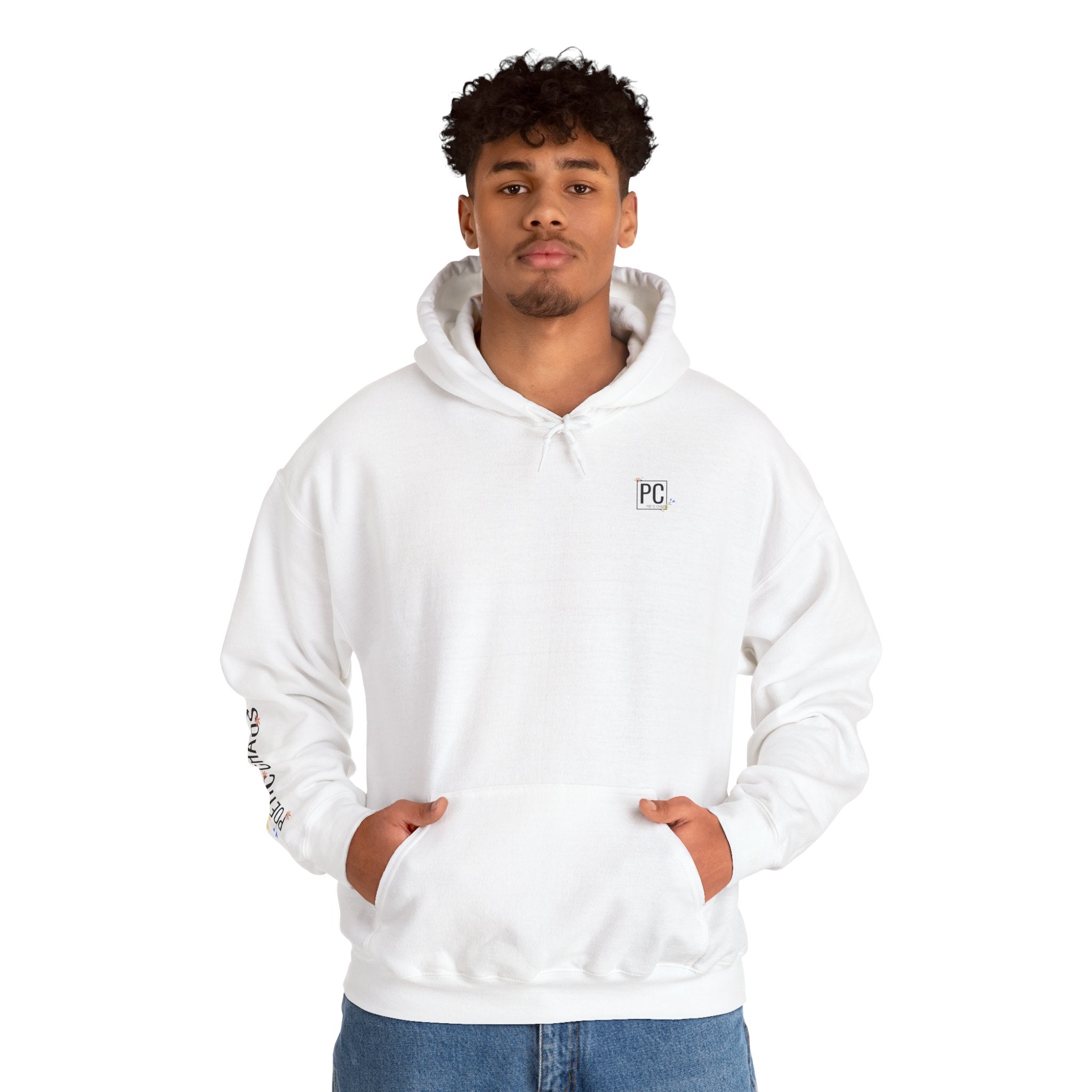 Poetic Chaos Sleeve Logo Hoodie — Minimal White Pullover with 'PC'floral logo