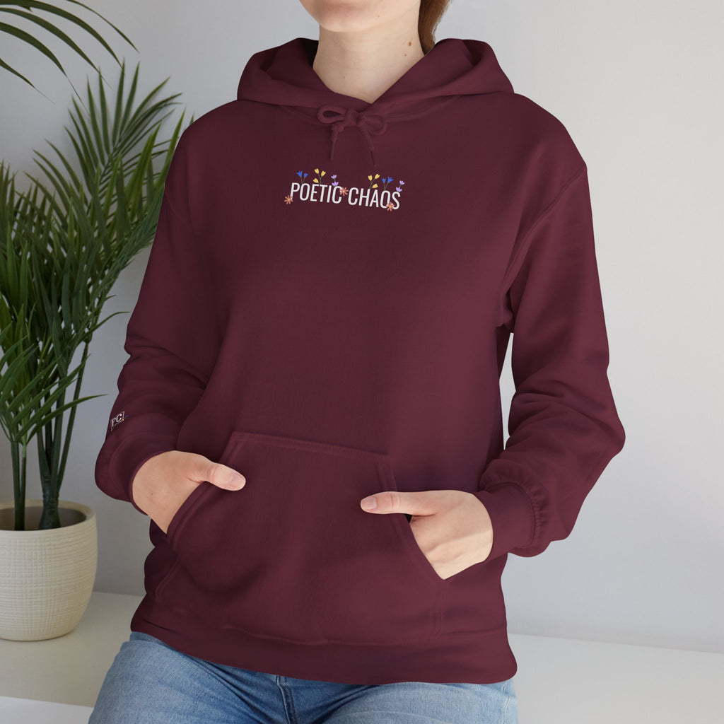 Poetic Chaos Hoodie — Small Chest white floral Logo & Sleeve Emblem
