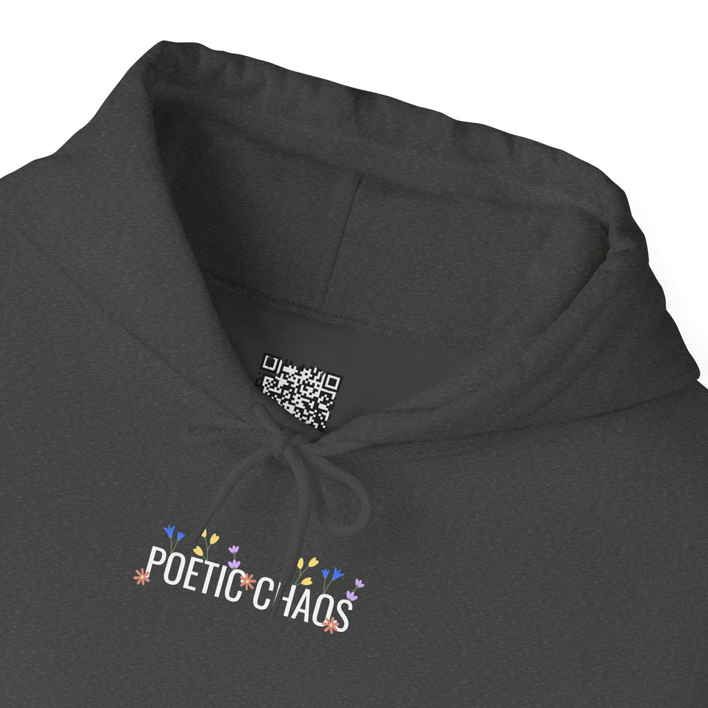 Poetic Chaos Hoodie — Small Chest white floral Logo & Sleeve Emblem