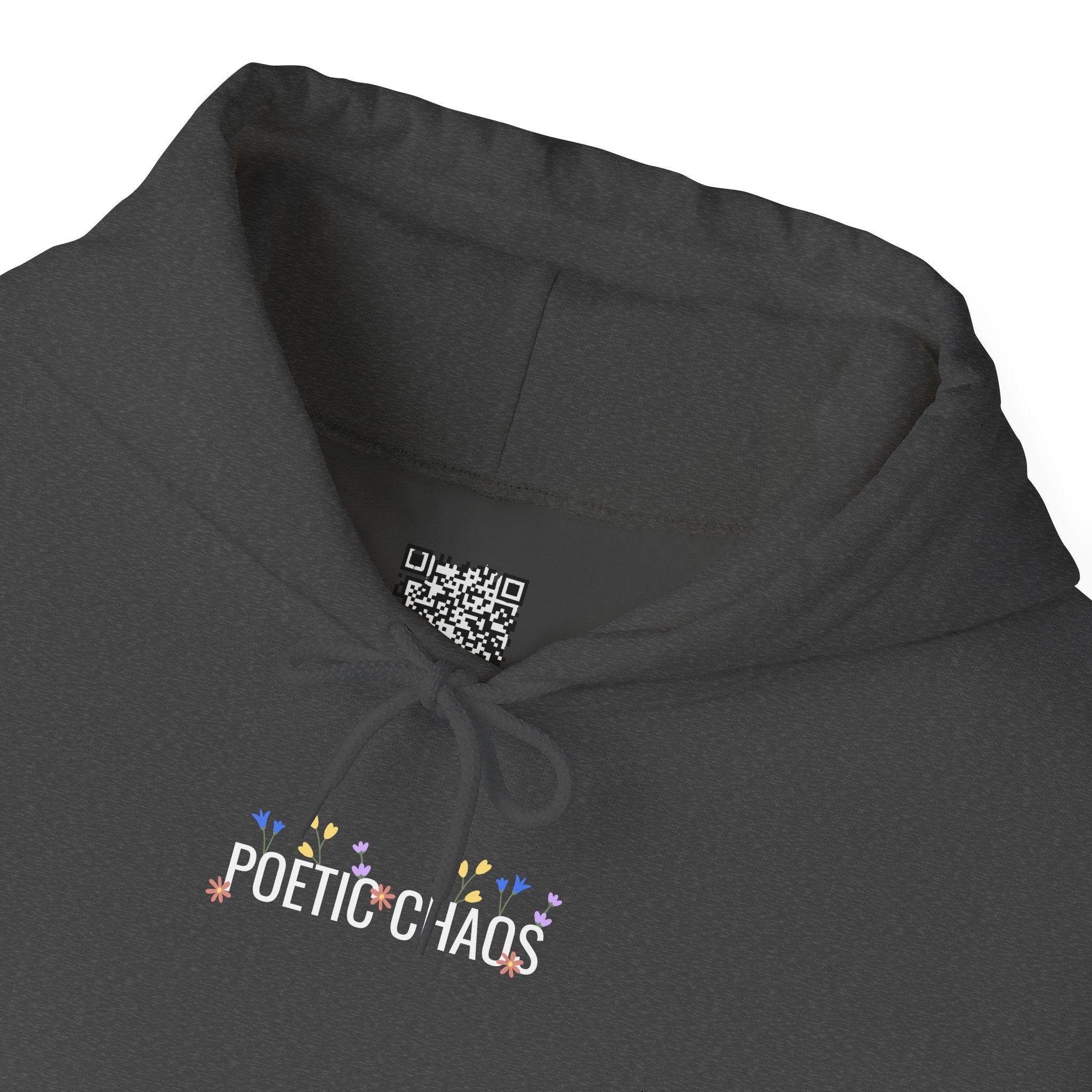 Poetic Chaos Hoodie — Small Chest white floral Logo & Sleeve Emblem