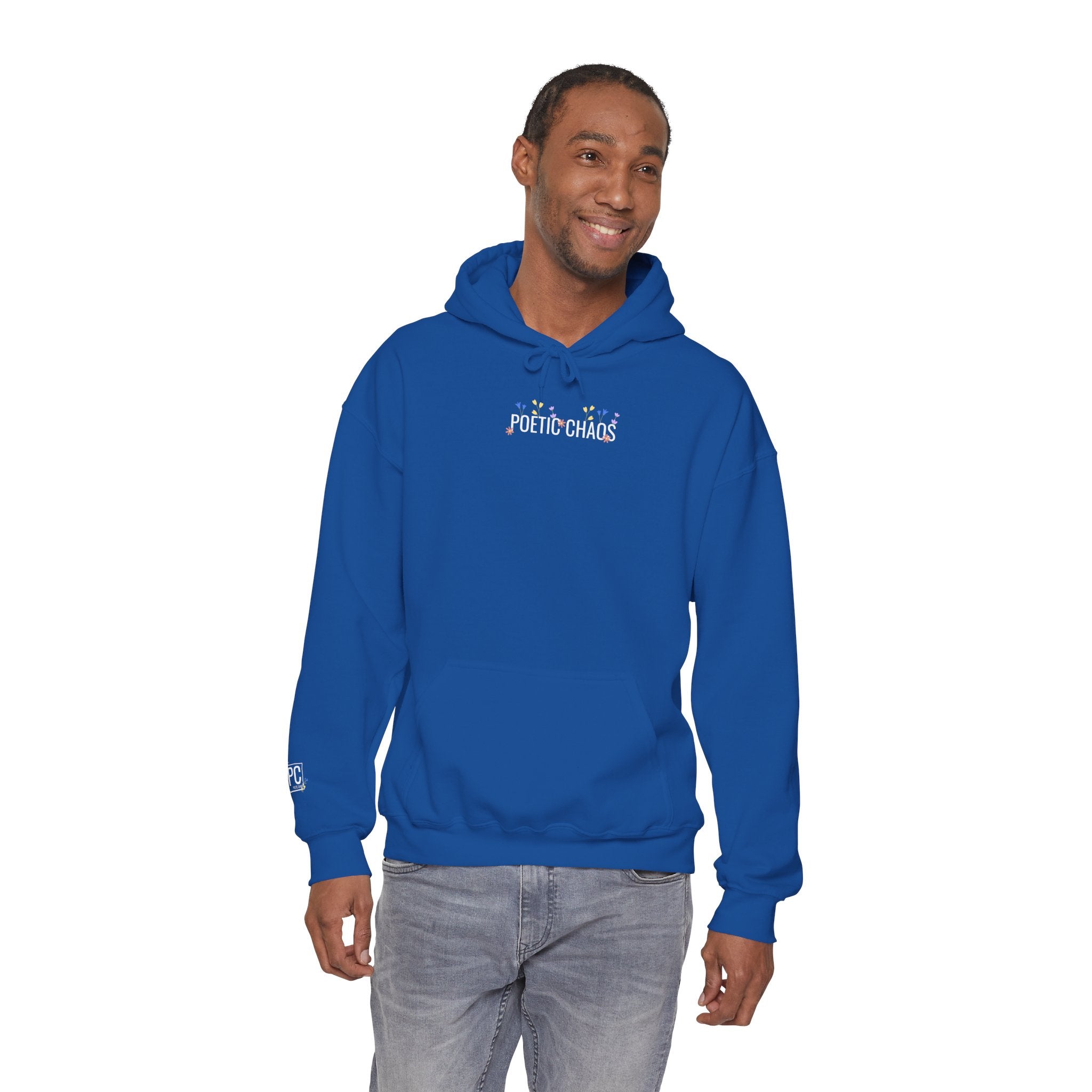 Poetic Chaos Hoodie — Small Chest white floral Logo & Sleeve Emblem