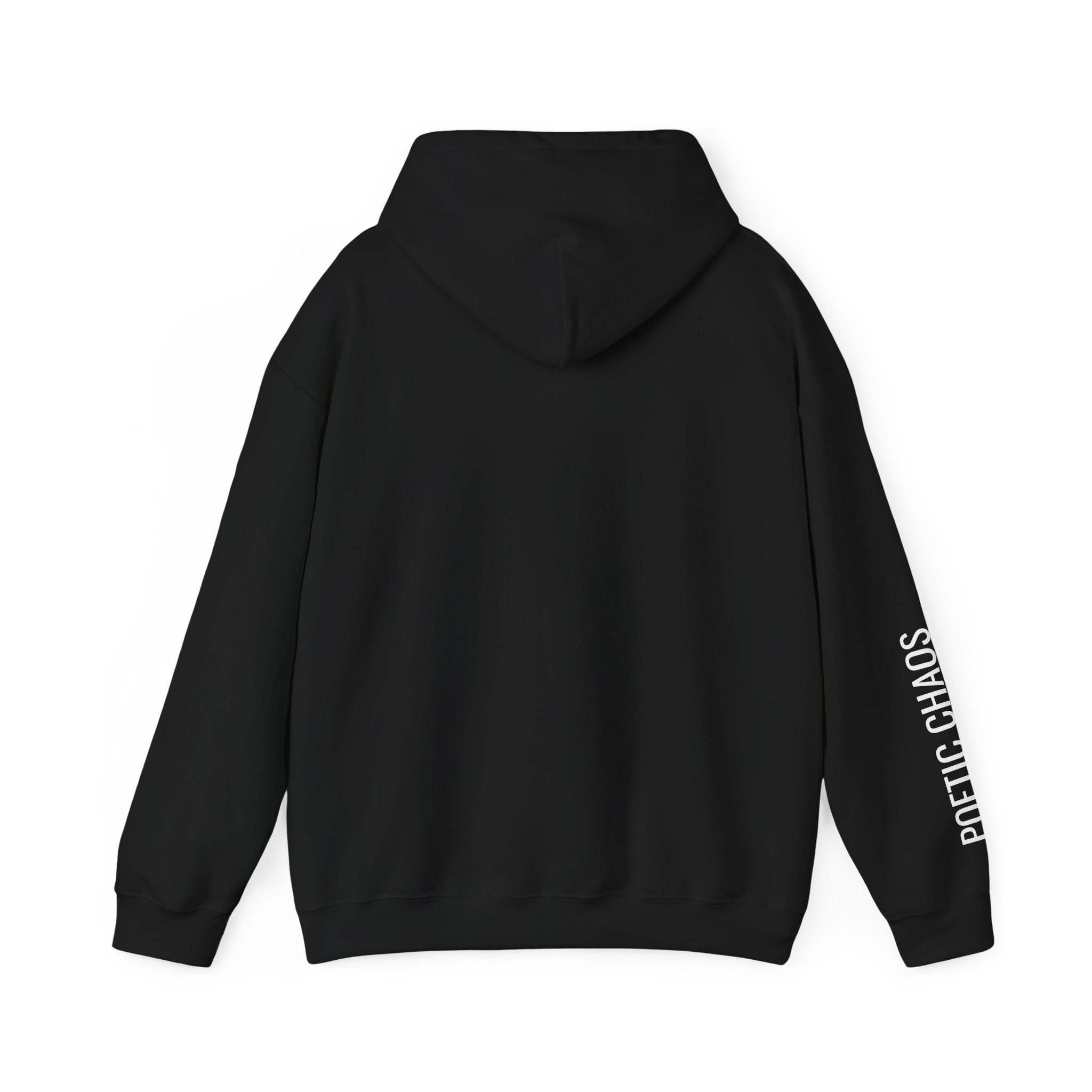Poetic Chaos Hoodie — Minimal white PC Logo Black Pullover with 'Poetic Chaos' Sleeve