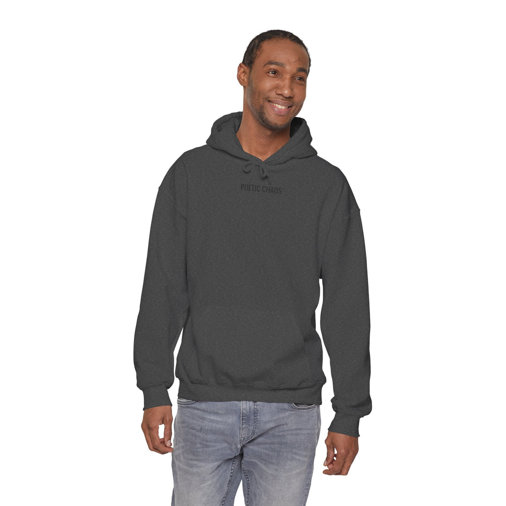 Poetic Chaos Minimalist Hoodie — Small Chest Text Pullover