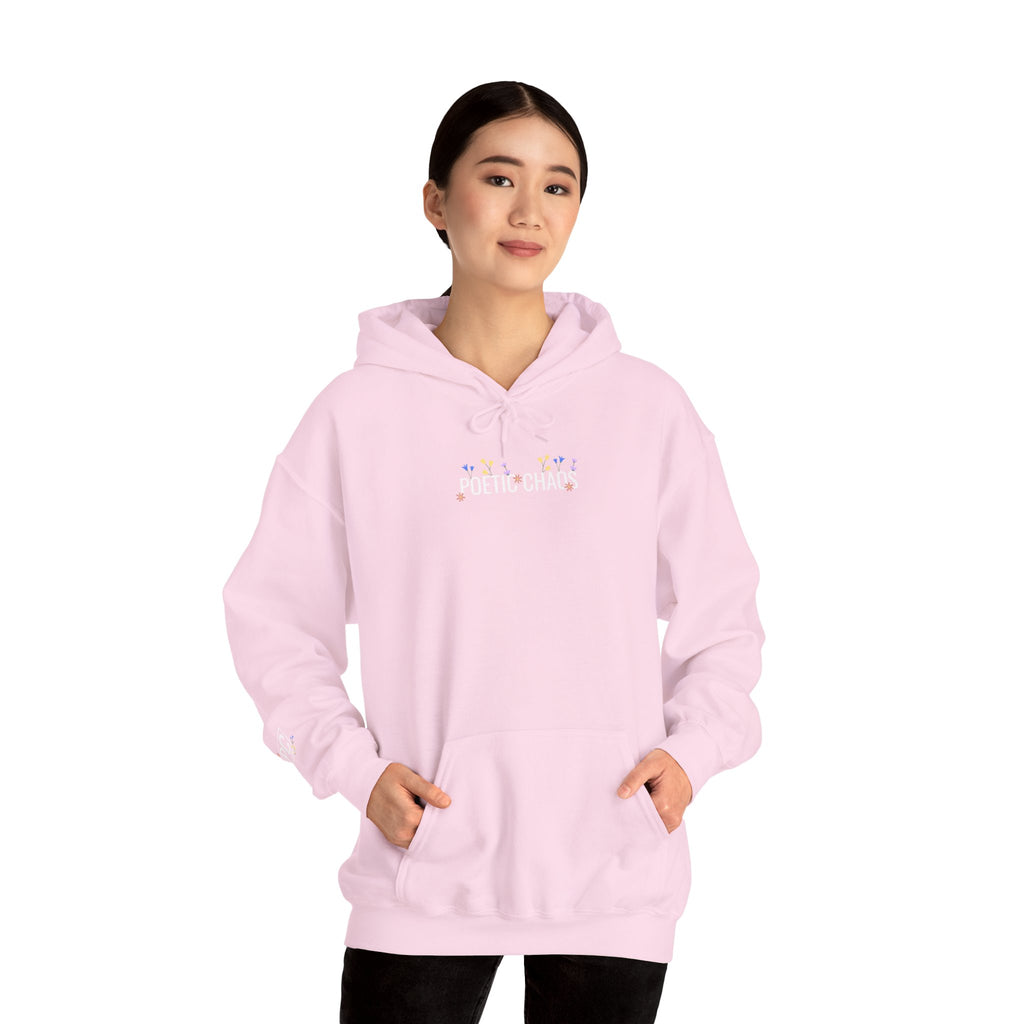 Poetic Chaos Hoodie — Small Chest white floral Logo & Sleeve Emblem