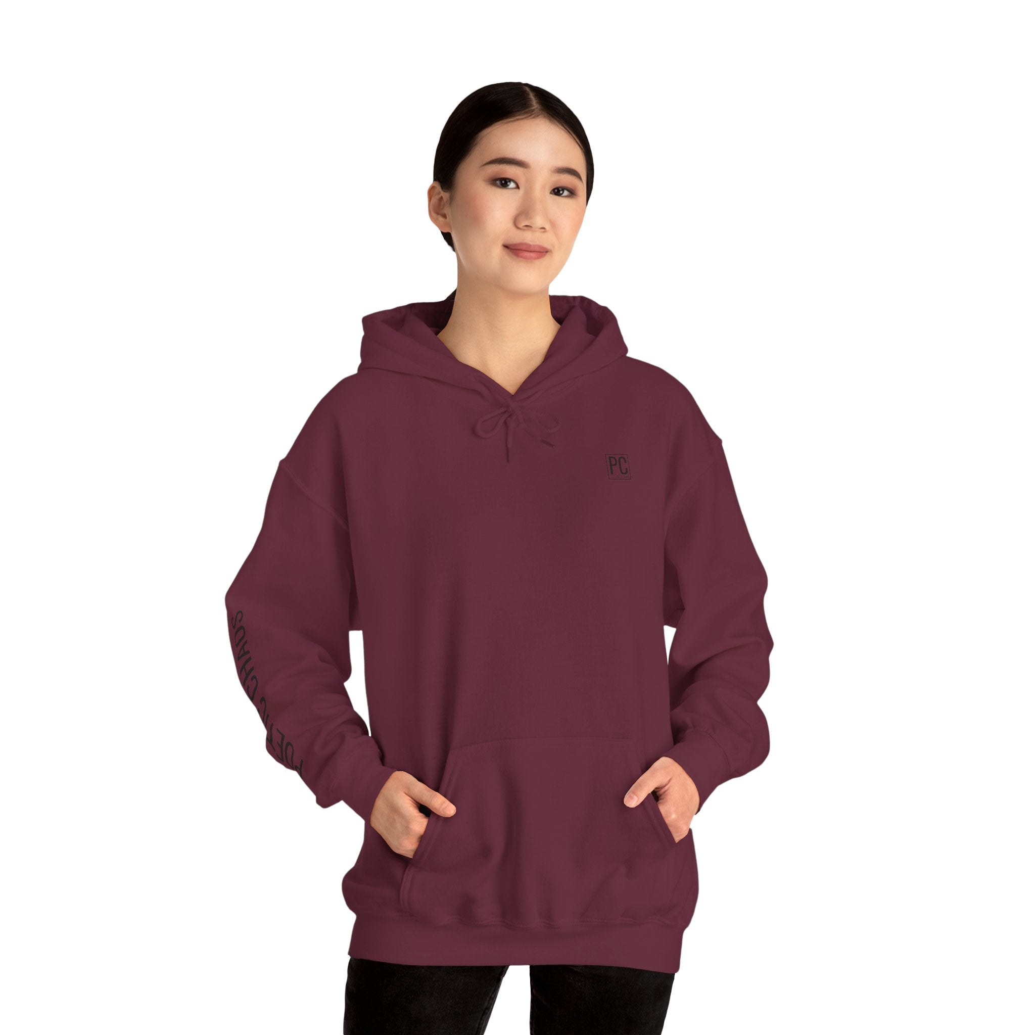 Poetic Chaos Hoodie — Minimal White Pullover with 'POETIC CHAOS' Sleeve Text