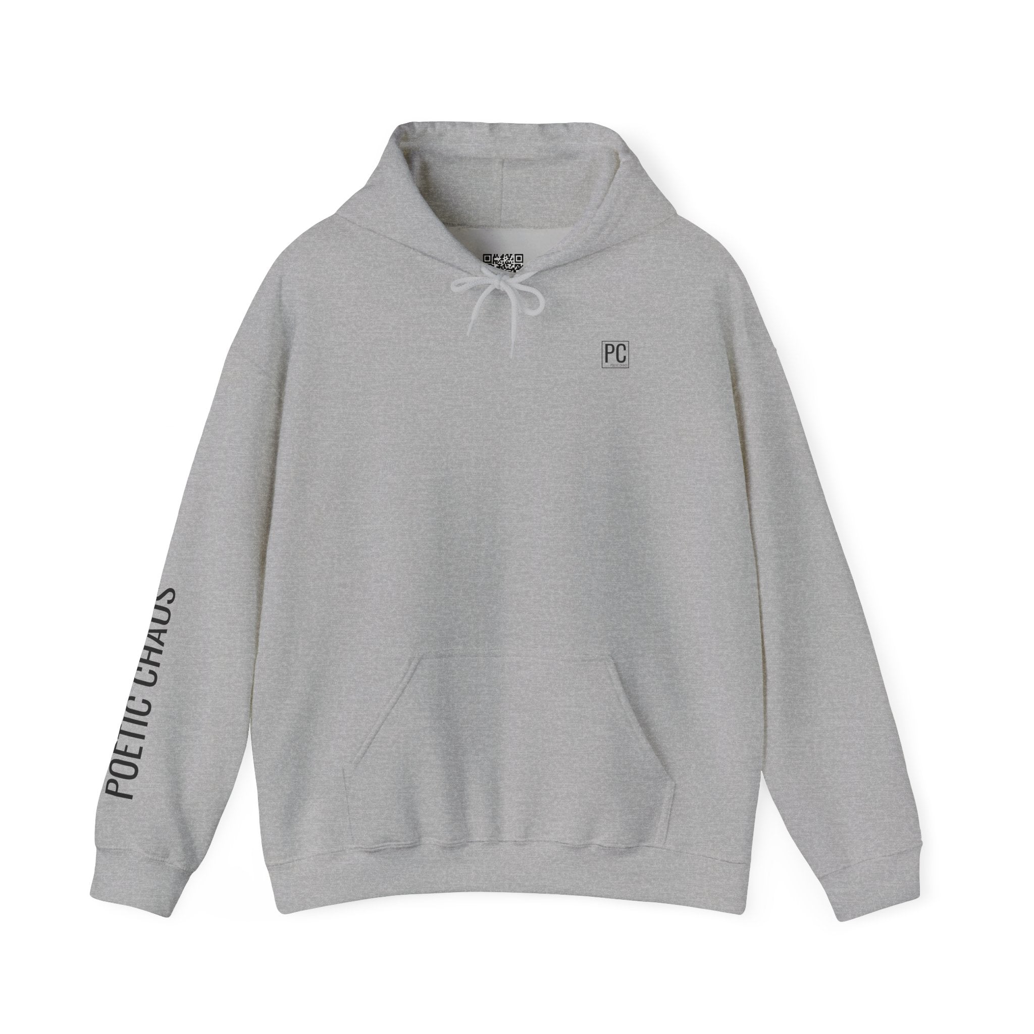 Poetic Chaos Hoodie — Minimal White Pullover with 'POETIC CHAOS' Sleeve Text