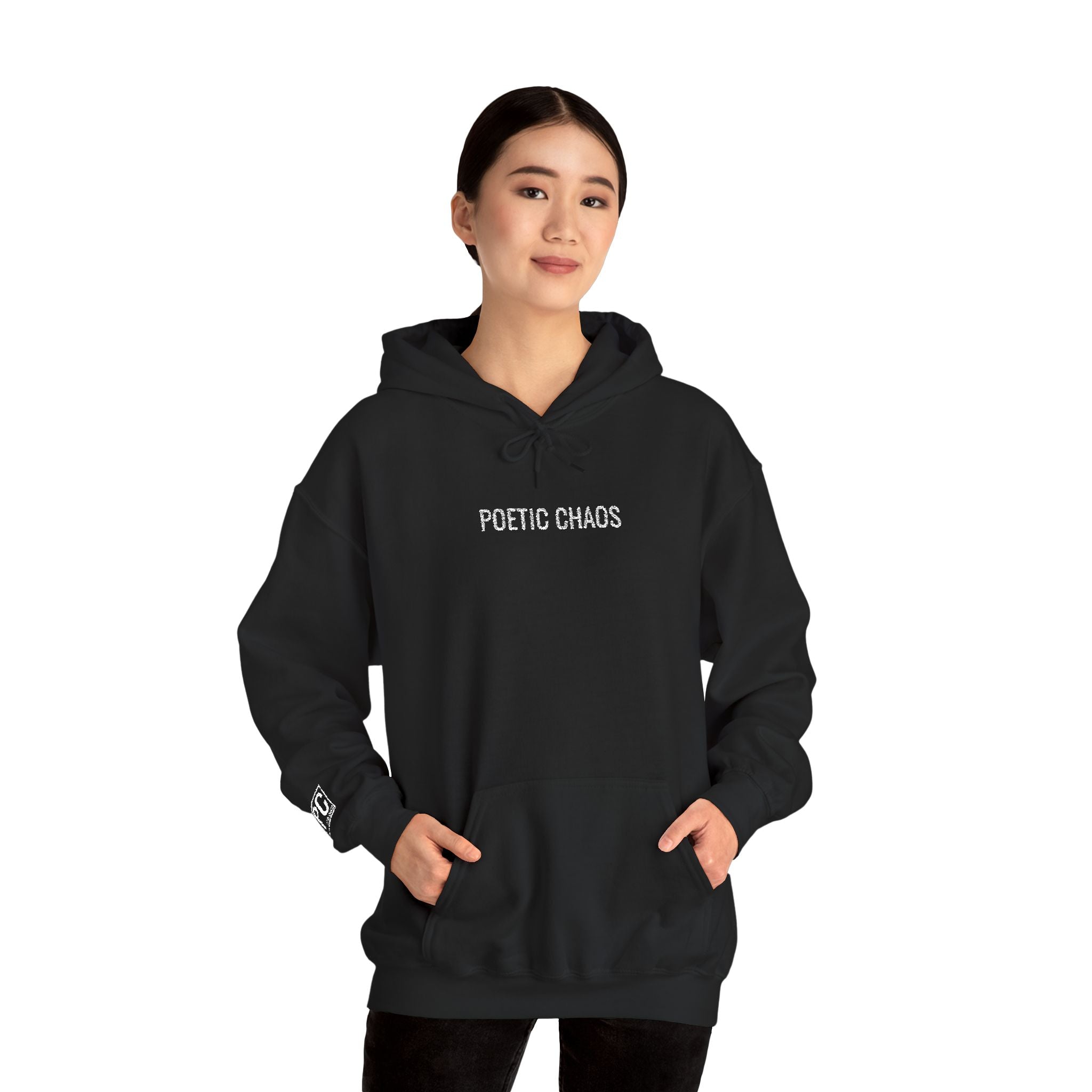 Poetic Chaos embroided white logo hoodie