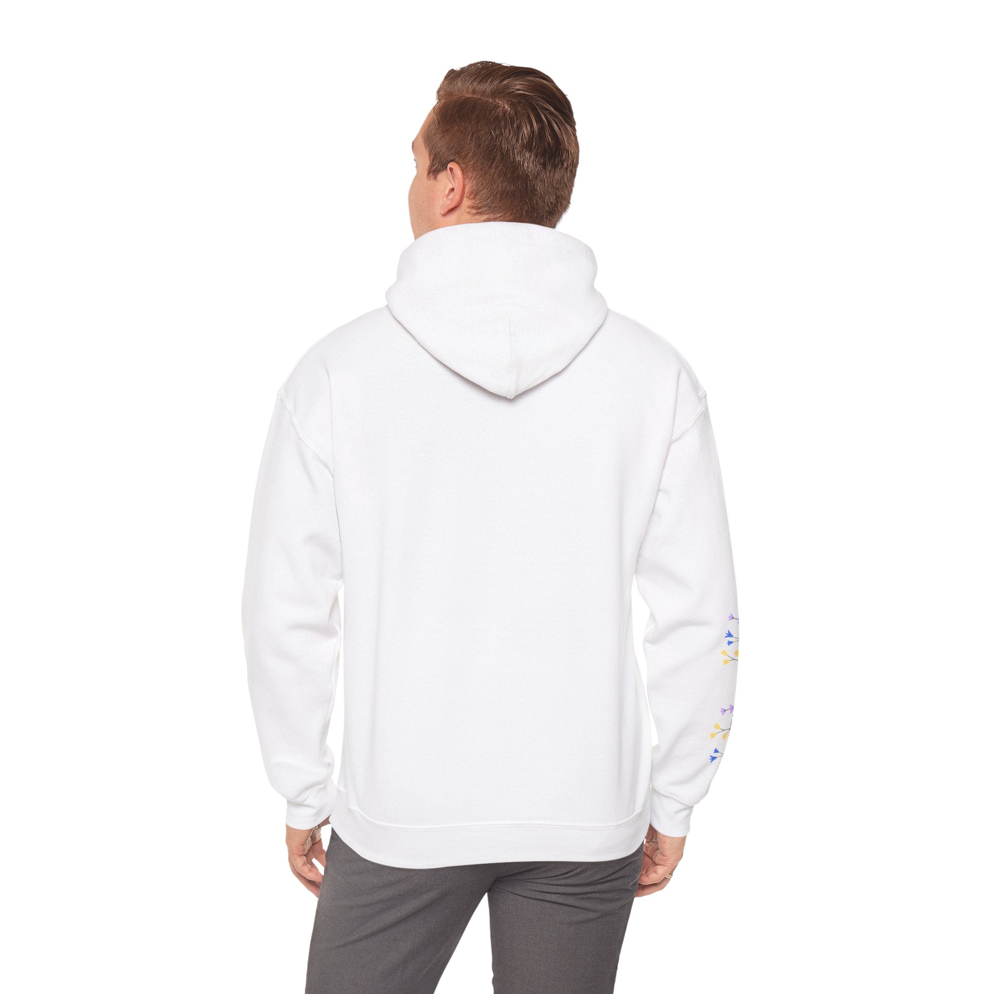 Poetic Chaos Sleeve Logo Hoodie — Minimal White Pullover with 'PC'floral logo