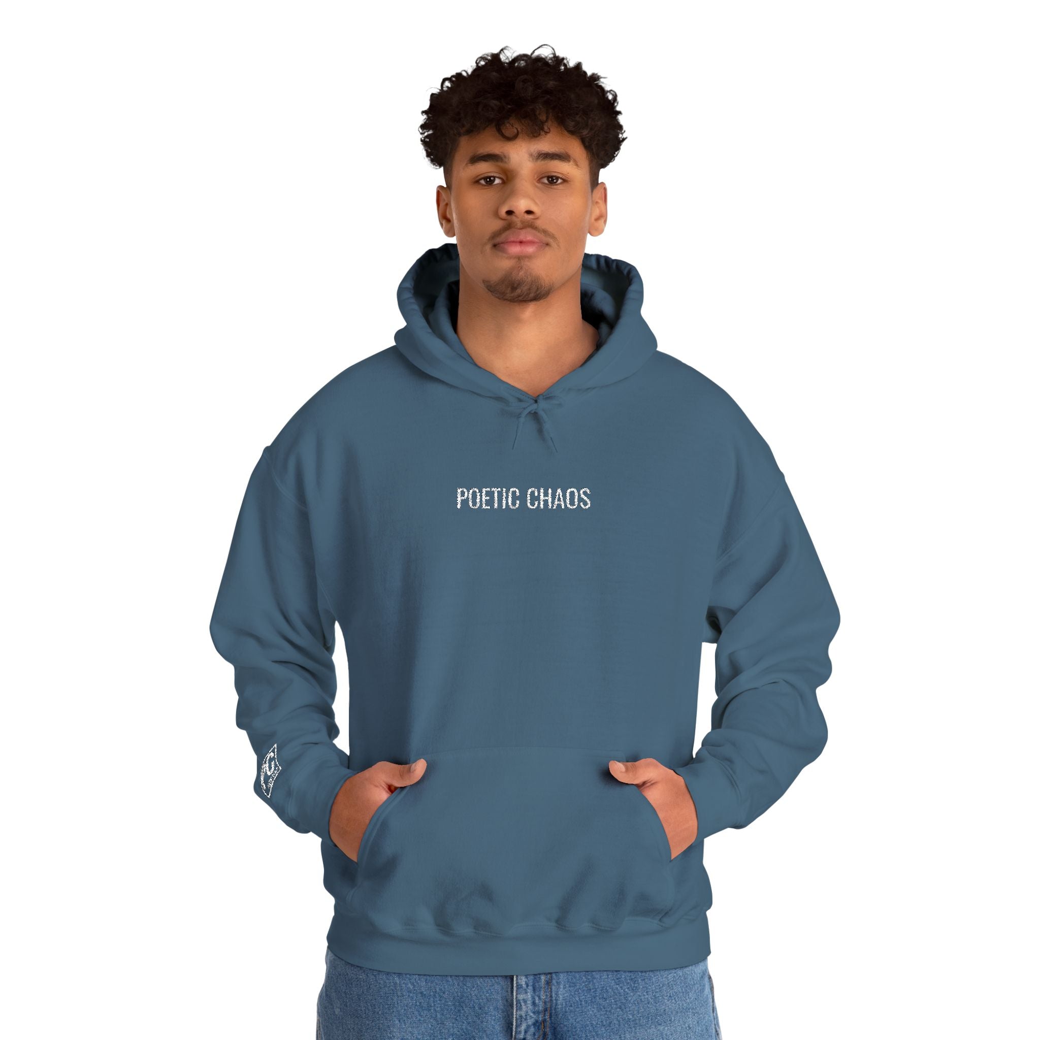 Poetic Chaos embroided white logo hoodie