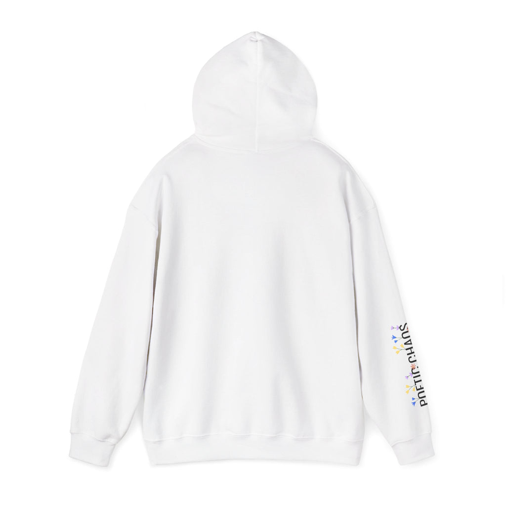 Poetic Chaos Sleeve Logo Hoodie — Minimal White Pullover with 'PC'floral logo