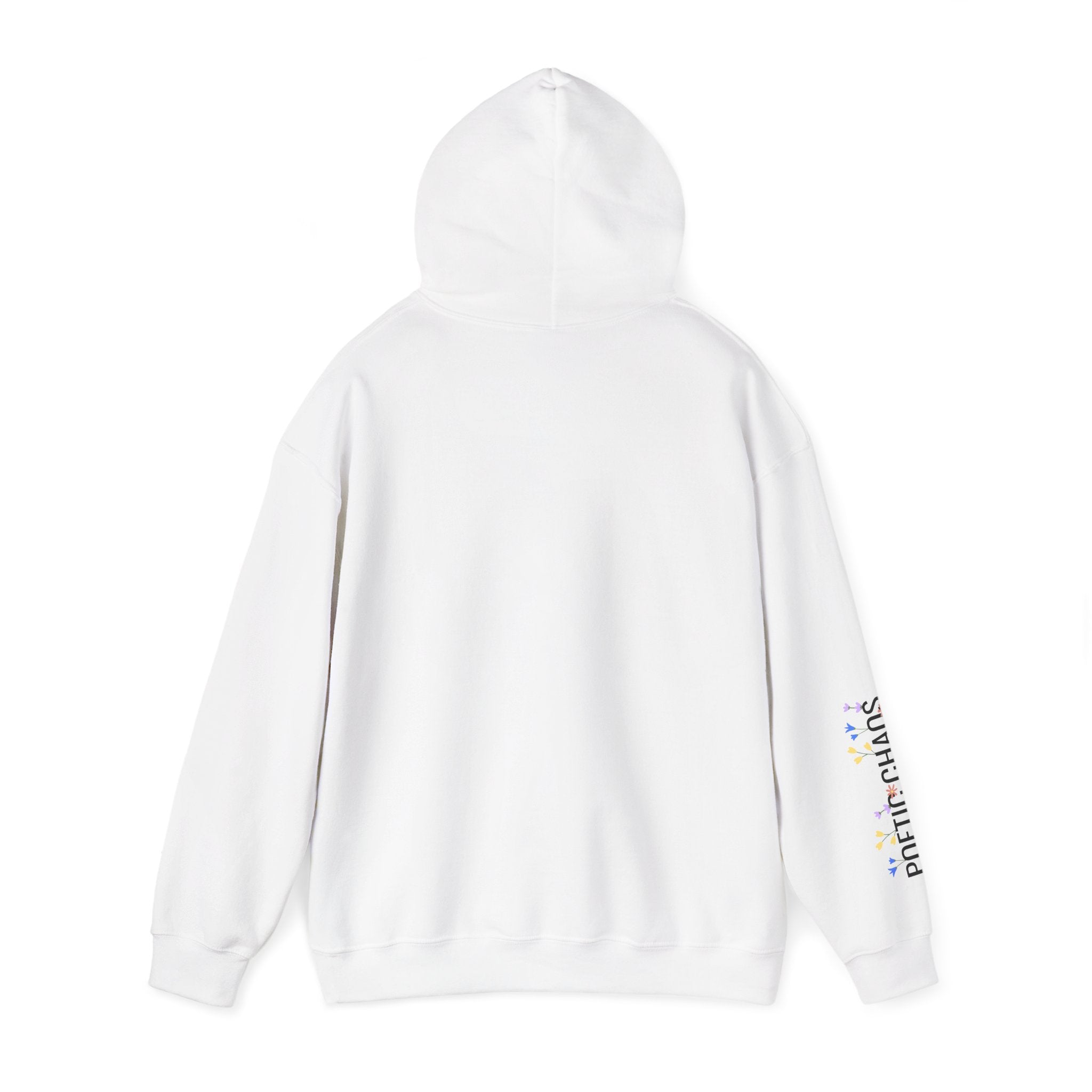 Poetic Chaos Sleeve Logo Hoodie — Minimal White Pullover with 'PC'floral logo