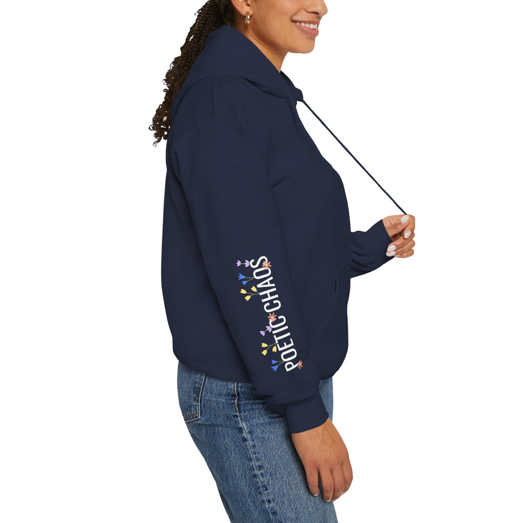 Poetic Chaos Sleeve Hoodie – Minimal white floral Logo Pullover