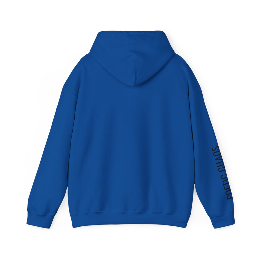 Poetic Chaos Hoodie — Minimal White Pullover with 'POETIC CHAOS' Sleeve Text