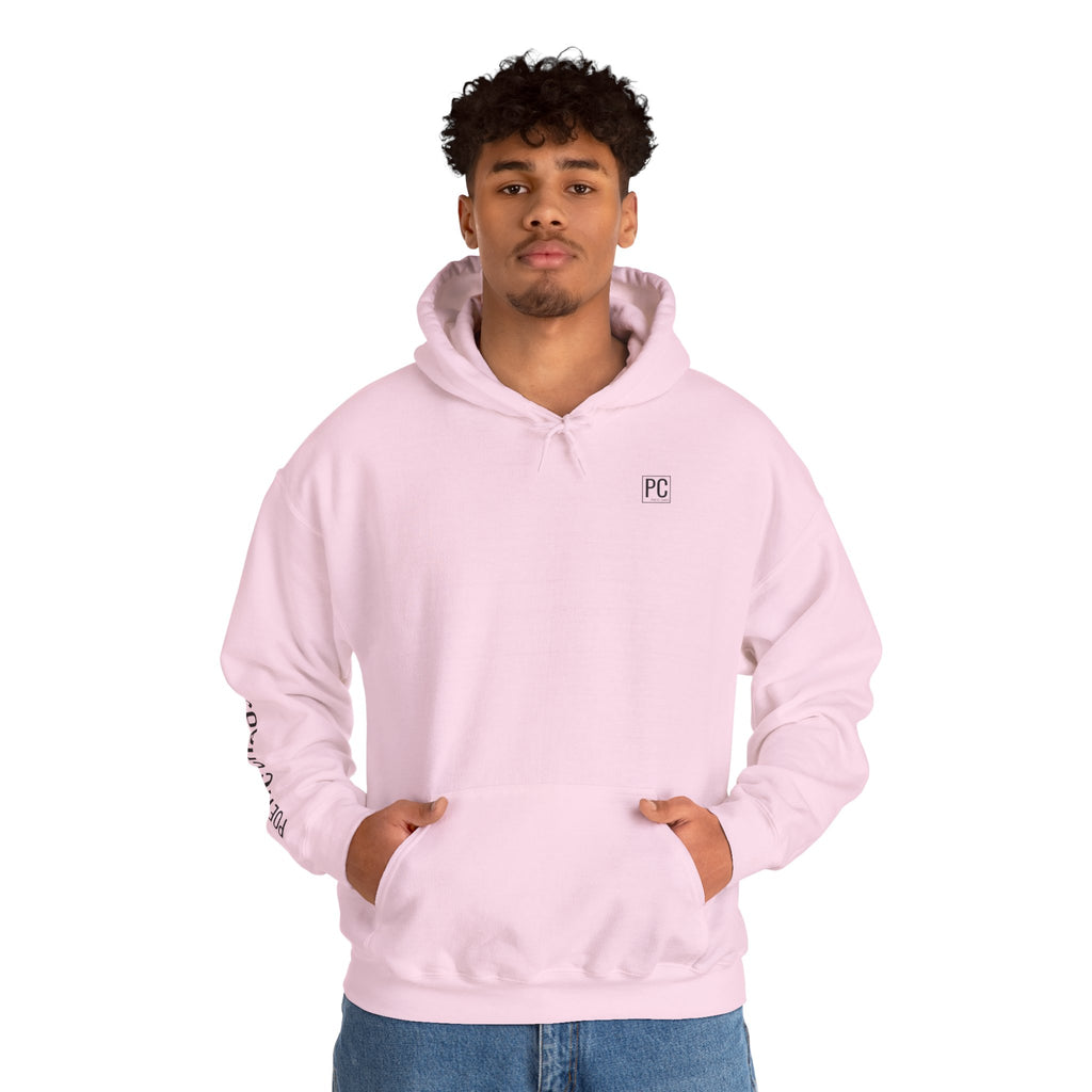Poetic Chaos Hoodie — Minimal White Pullover with 'POETIC CHAOS' Sleeve Text