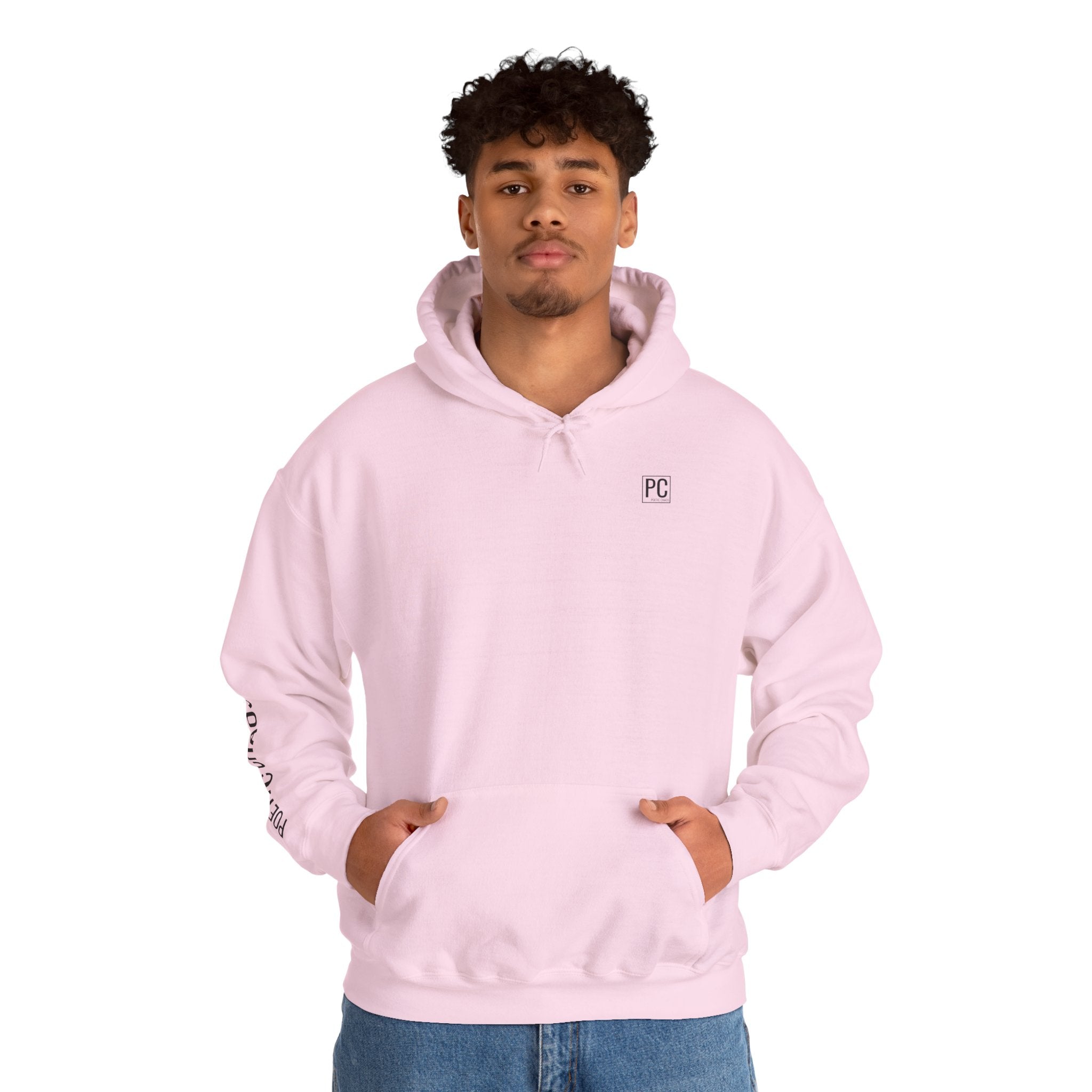 Poetic Chaos Hoodie — Minimal White Pullover with 'POETIC CHAOS' Sleeve Text