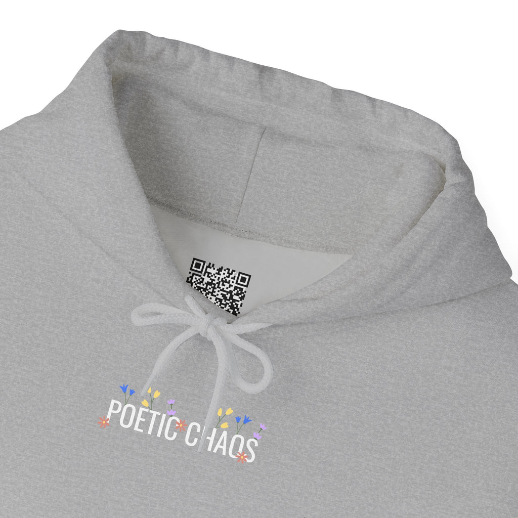 Poetic Chaos Hoodie — Small Chest white floral Logo & Sleeve Emblem