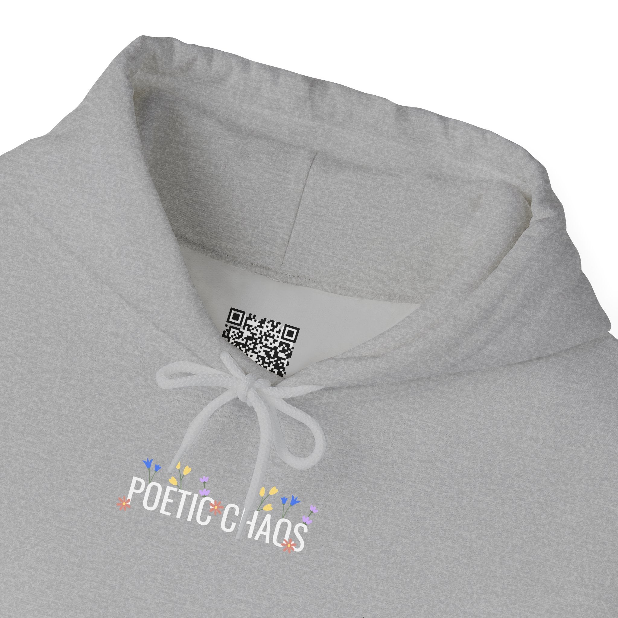 Poetic Chaos Hoodie — Small Chest white floral Logo & Sleeve Emblem