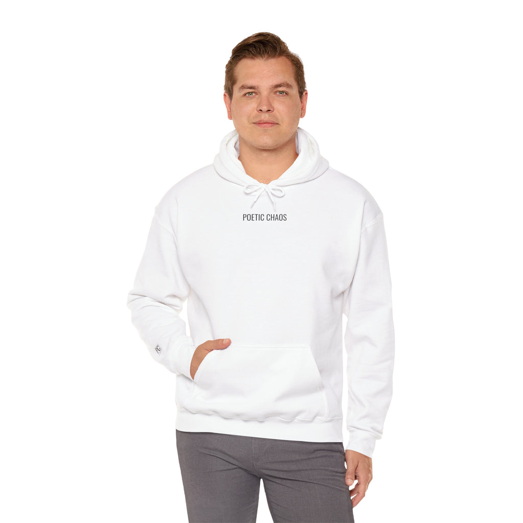Poetic Chaos Minimalist Hoodie — Small Chest Text Pullover