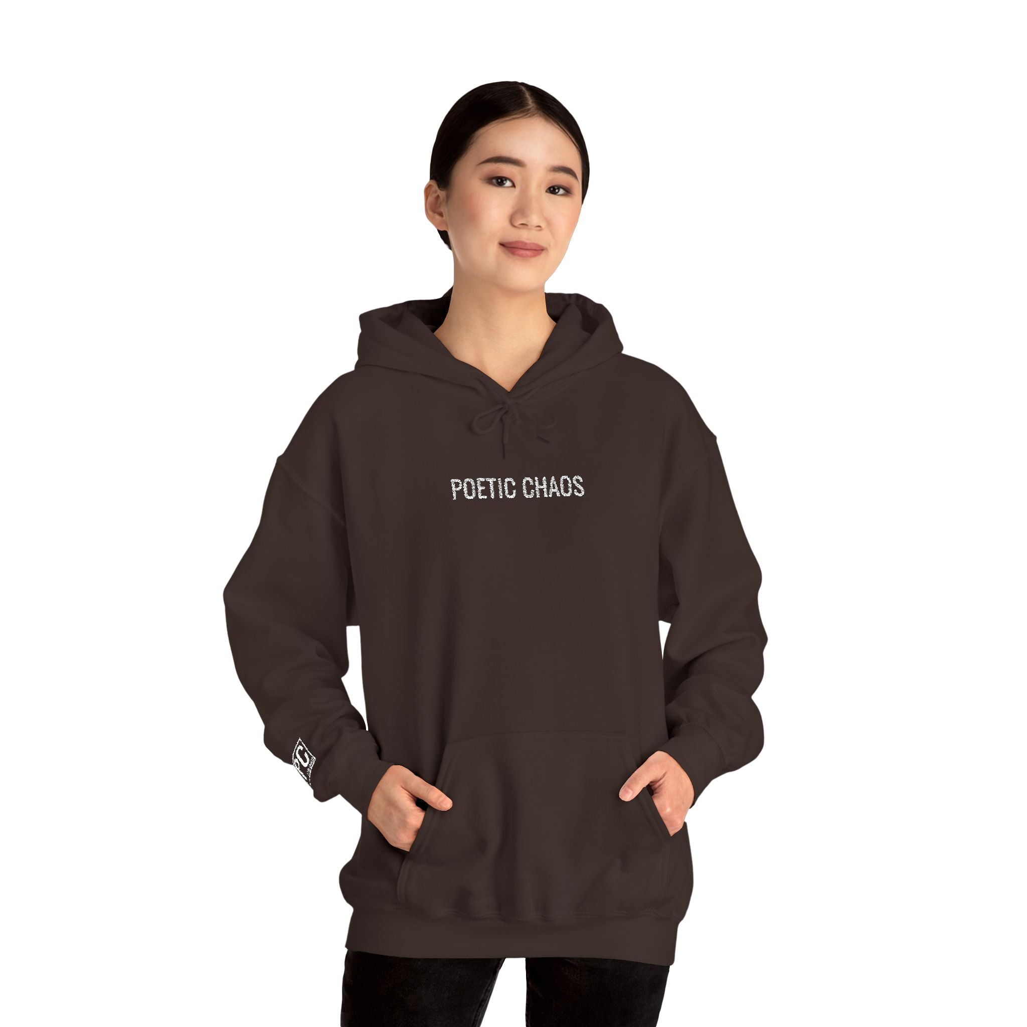 Poetic Chaos embroided white logo hoodie