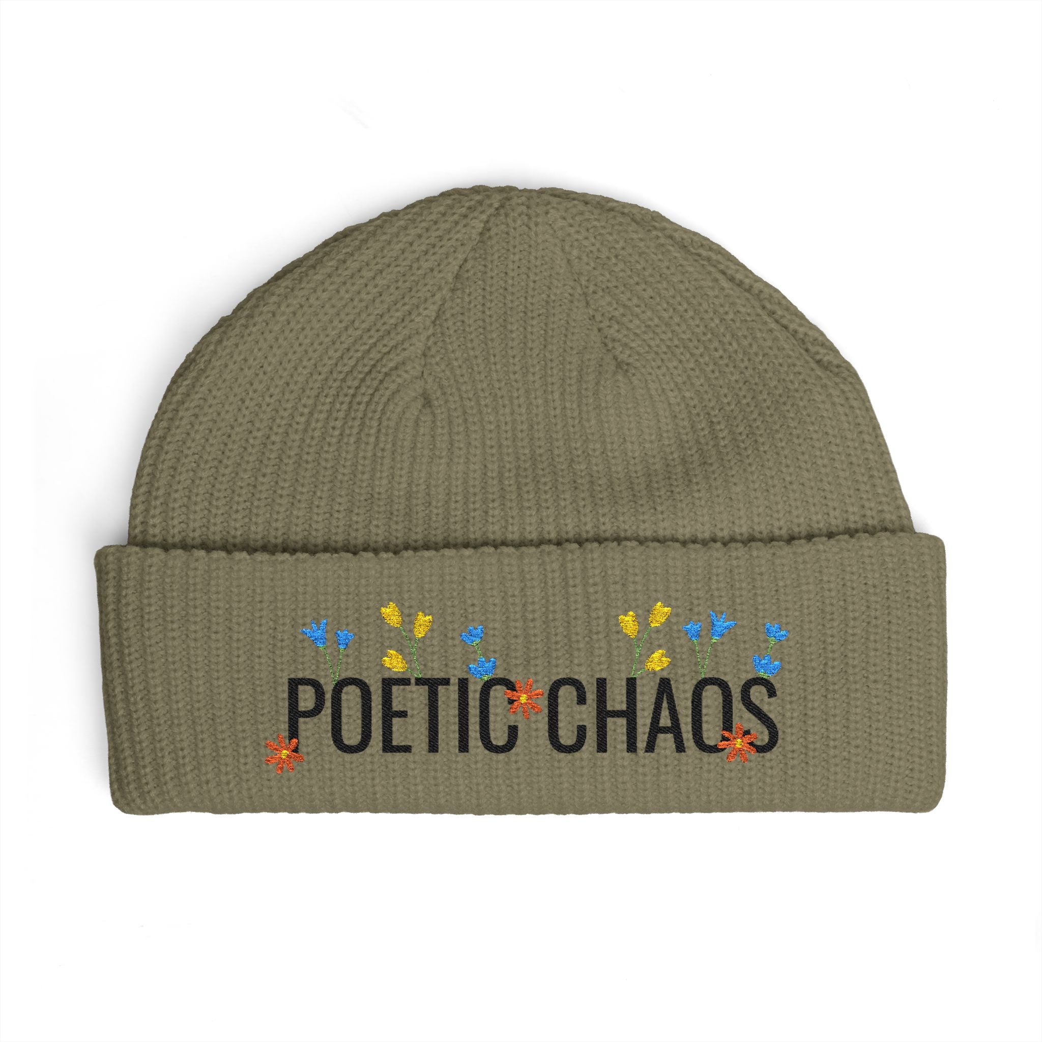 Poetic Chaos Embroidered Cuff Beanie - Floral Knit Winter Hat