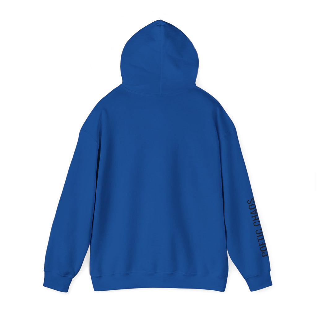 Poetic Chaos Hoodie — Minimal White Pullover with 'POETIC CHAOS' Sleeve Text