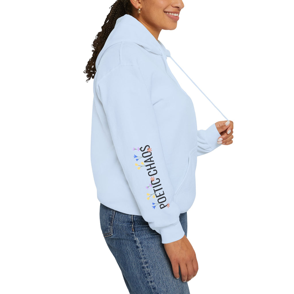 Poetic Chaos Sleeve Logo Hoodie — Minimal White Pullover with 'PC'floral logo