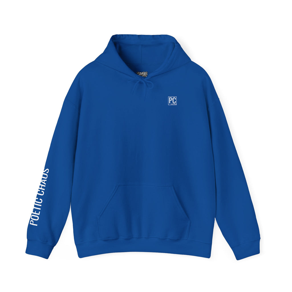 Poetic Chaos Hoodie — Minimal white PC Logo Black Pullover with 'Poetic Chaos' Sleeve