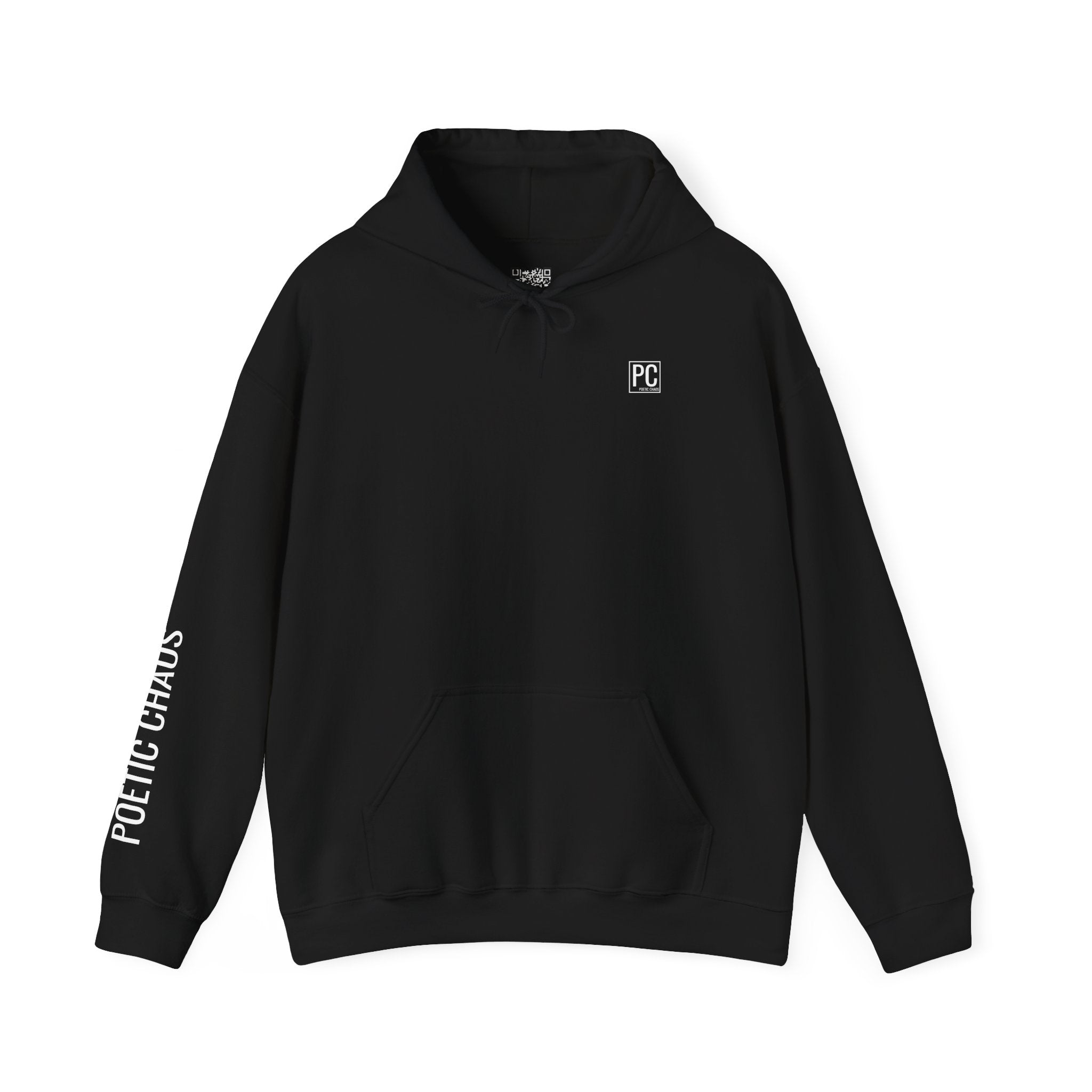 Poetic Chaos Hoodie — Minimal white PC Logo Black Pullover with 'Poetic Chaos' Sleeve