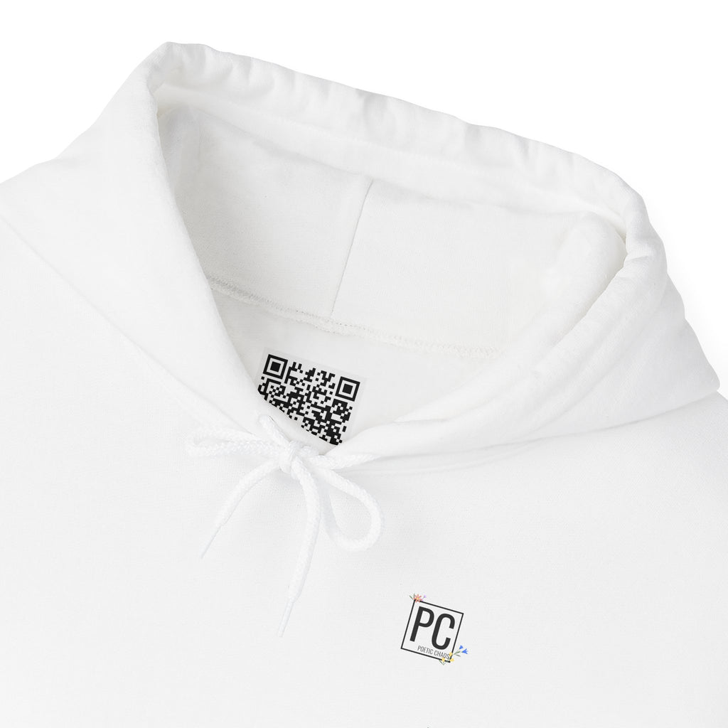 Poetic Chaos Sleeve Logo Hoodie — Minimal White Pullover with 'PC'floral logo