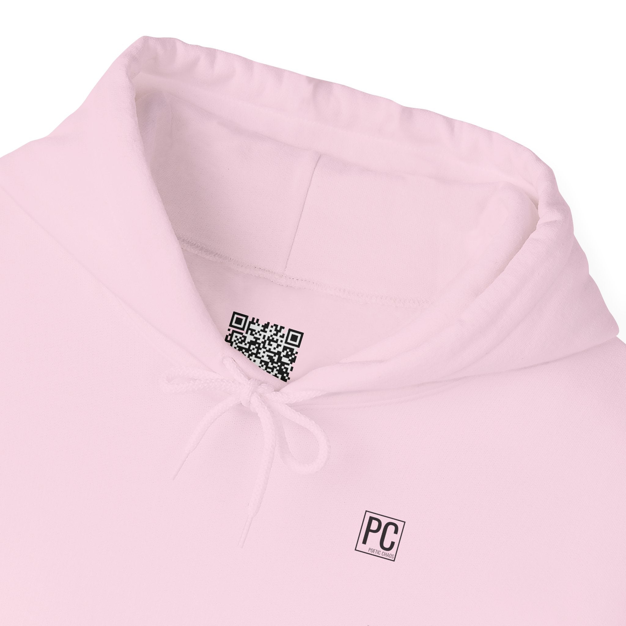 Poetic Chaos Hoodie — Minimal White Pullover with 'POETIC CHAOS' Sleeve Text