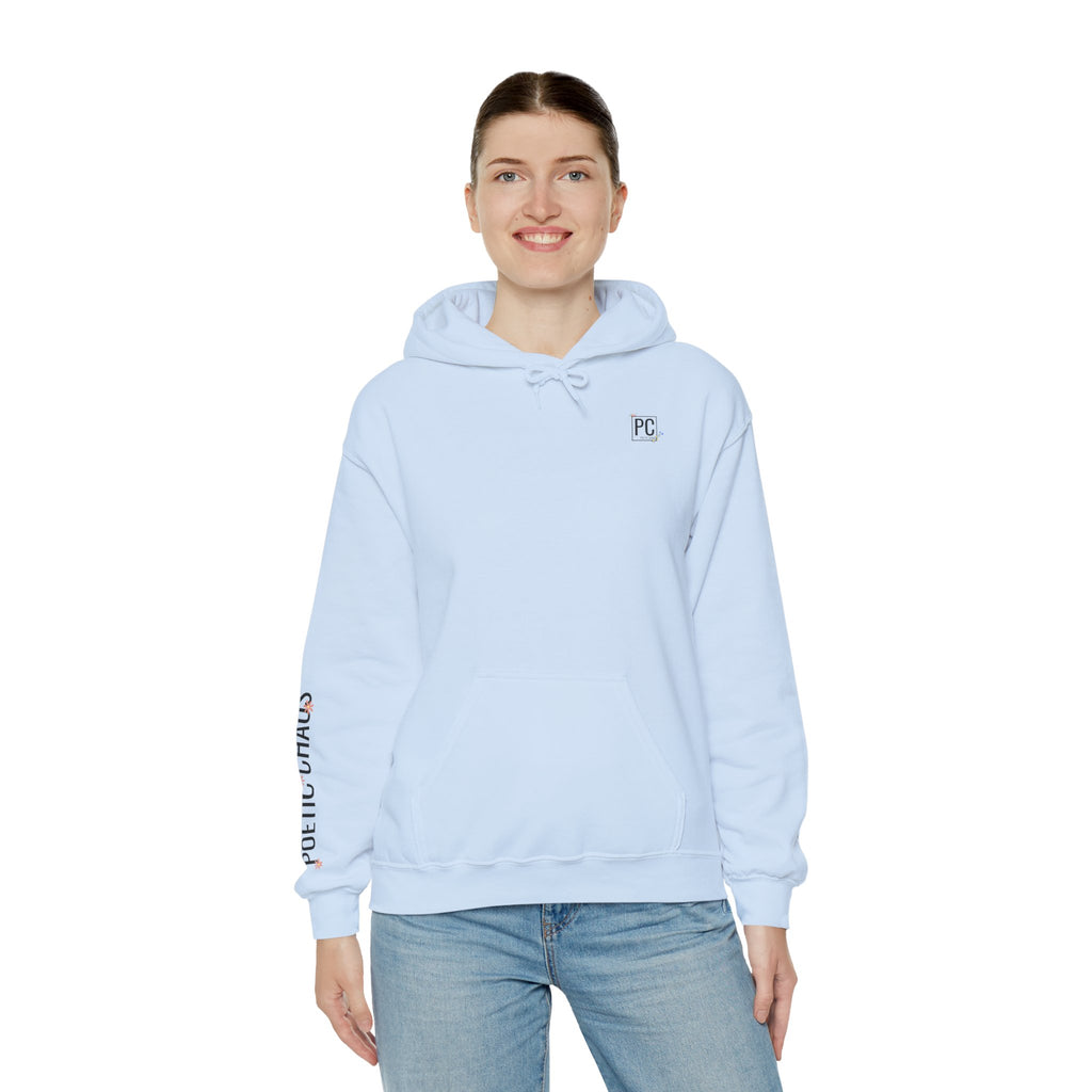 Poetic Chaos Sleeve Logo Hoodie — Minimal White Pullover with 'PC'floral logo