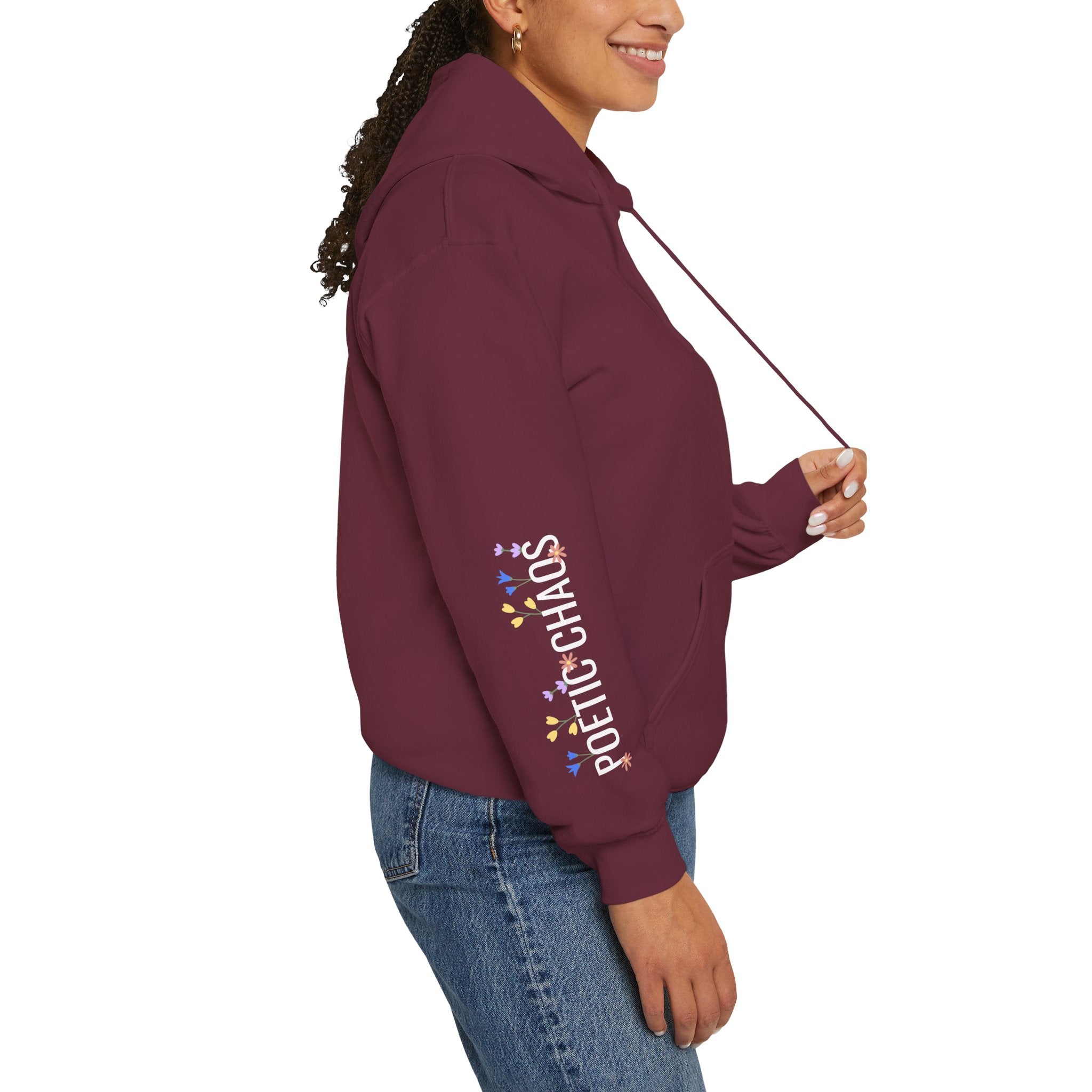 Poetic Chaos Sleeve Hoodie – Minimal white floral Logo Pullover