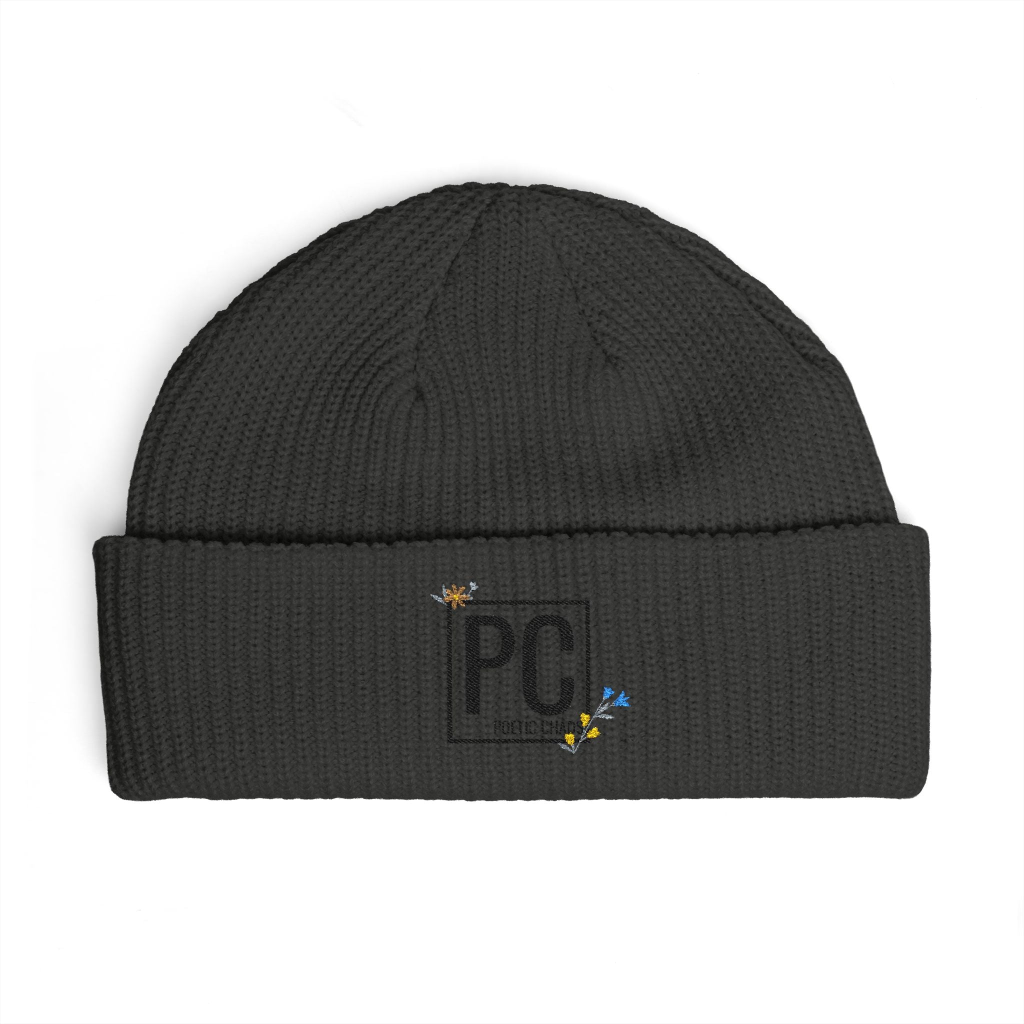 Cuff Beanie - 'PC' Logo Embroidered Knit Hat with Tiny Bee Accents