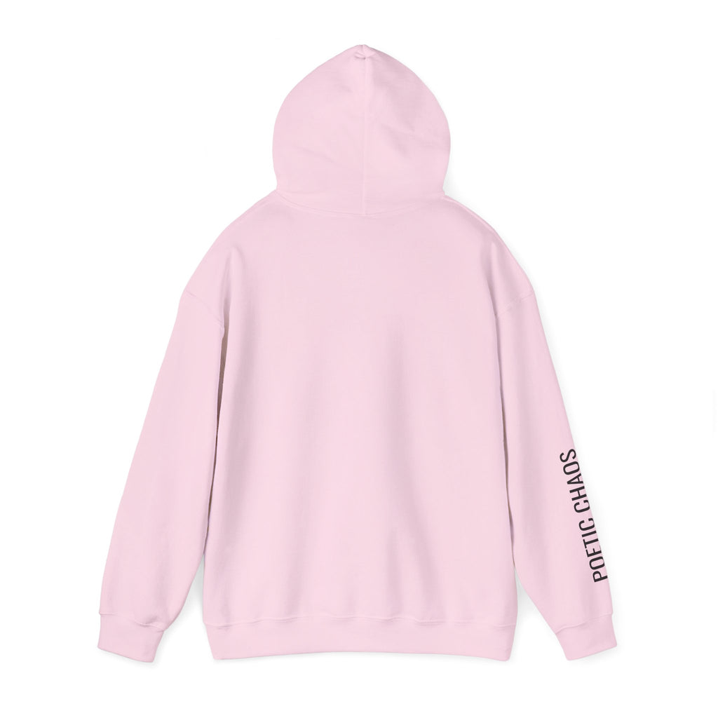 Poetic Chaos Hoodie — Minimal White Pullover with 'POETIC CHAOS' Sleeve Text