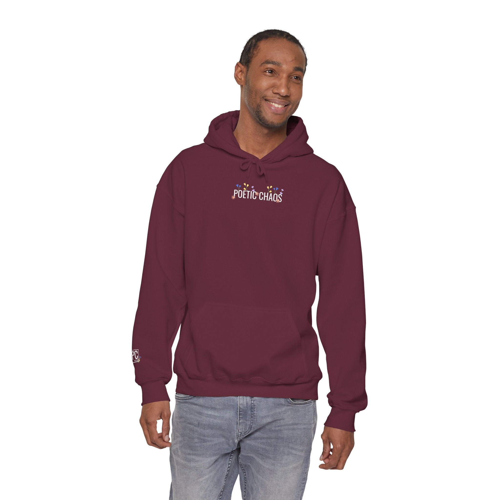 Poetic Chaos Hoodie — Small Chest white floral Logo & Sleeve Emblem