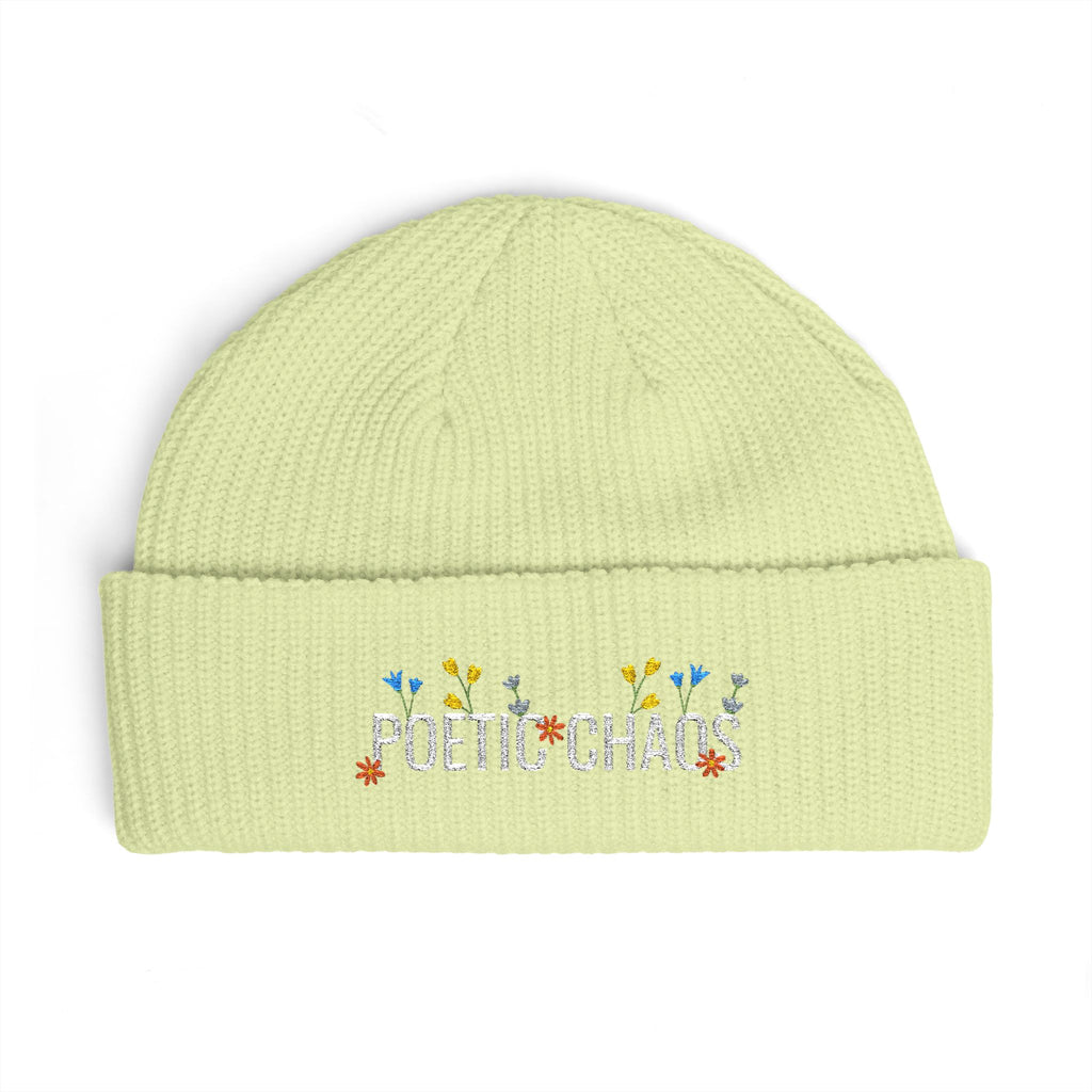 Poetic Chaos Cuff Beanie – Embroidered Floral white logo Knit Hat