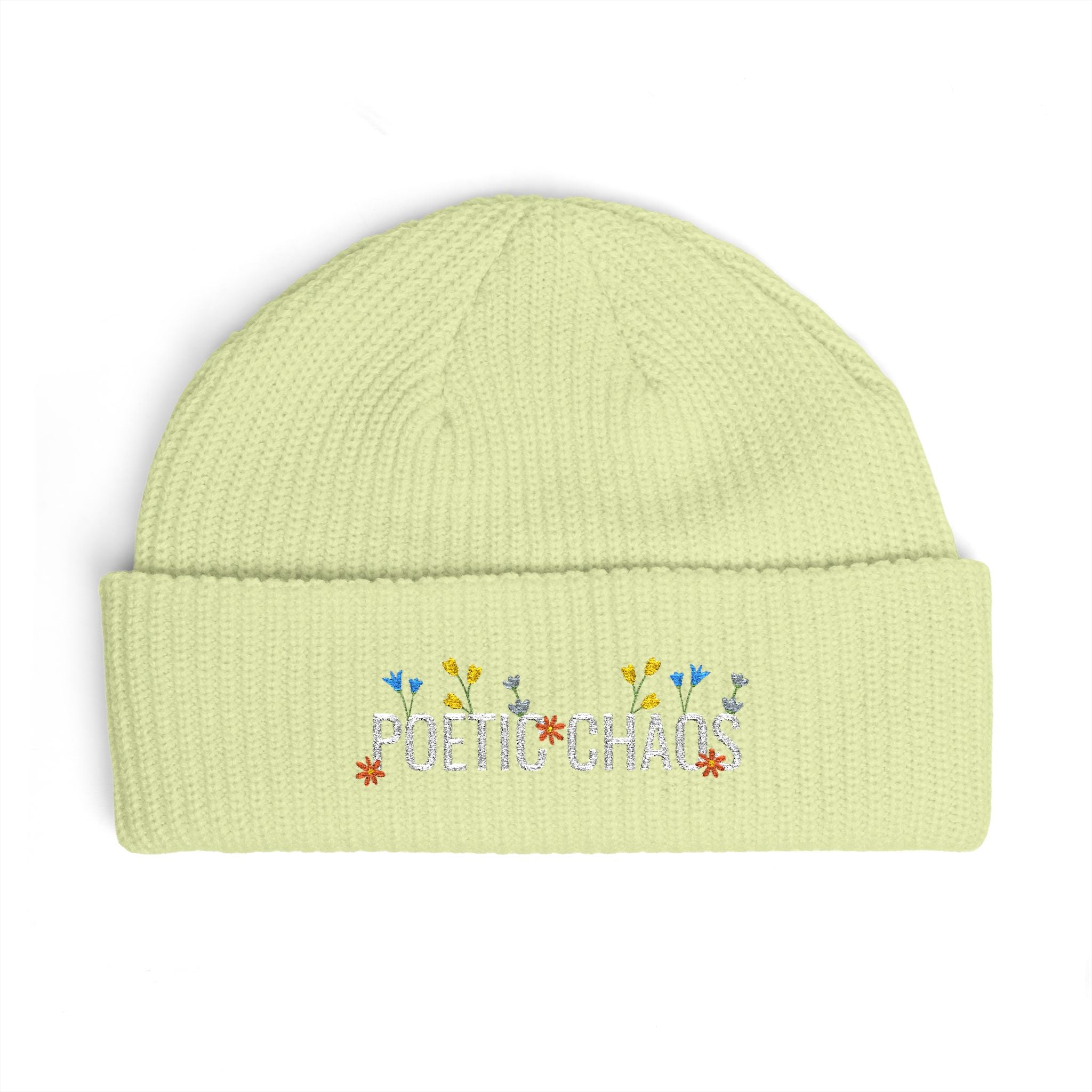 Poetic Chaos Cuff Beanie – Embroidered Floral white logo Knit Hat